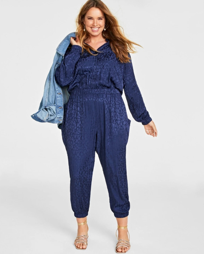 On 34th Jumpsuit Womens Plus Size 1X Blue Animal Print Jacquard Long SLeeve New