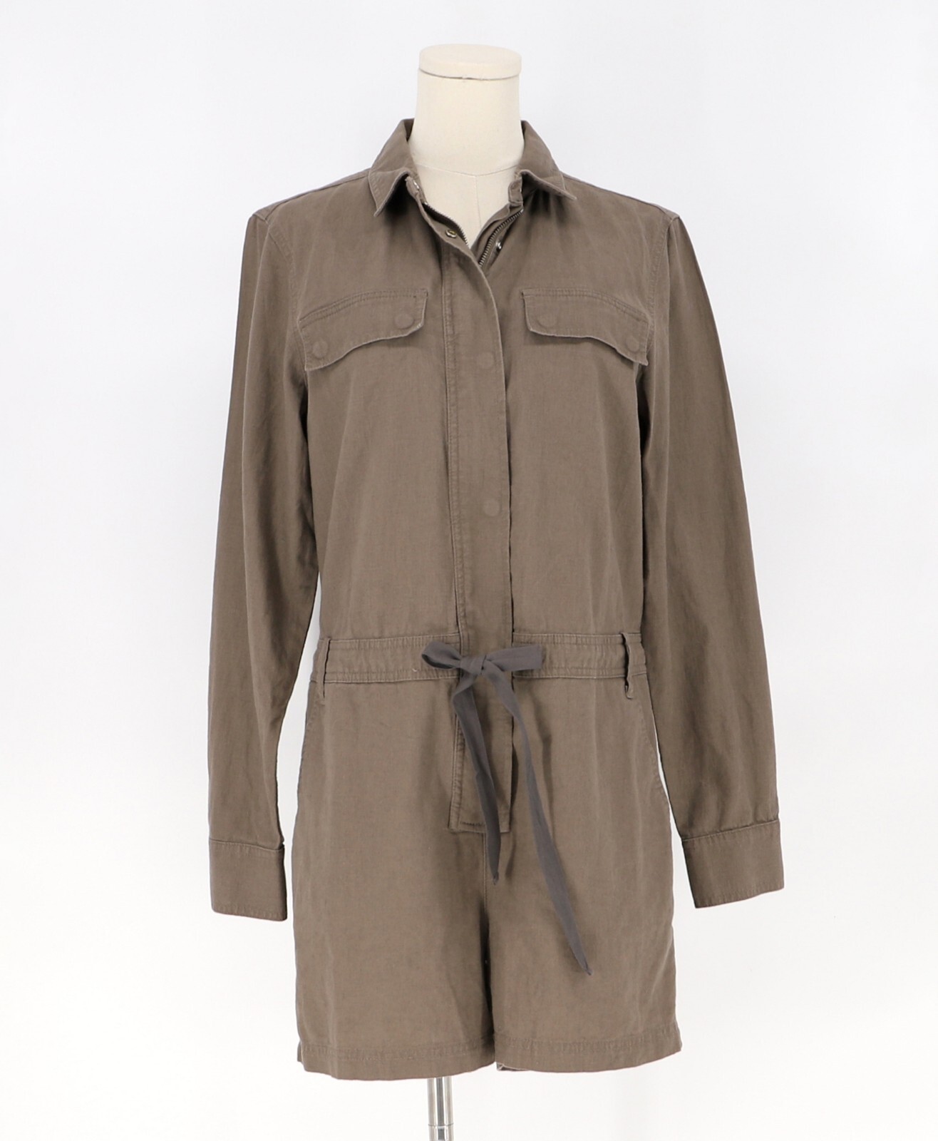 LANDS’ END Women’s Linen Blend Shirt Romper Long Sleeve Brown Size 8