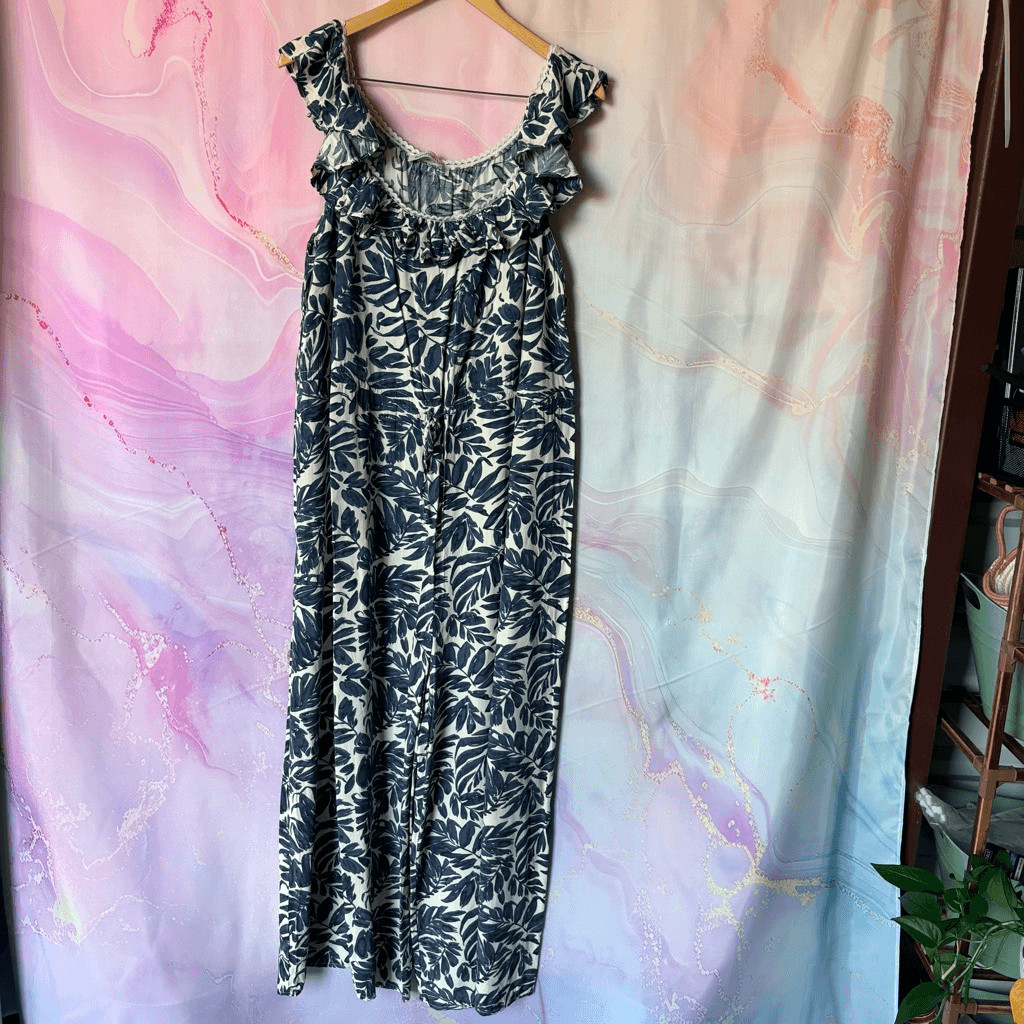Rusttydustty 3XL Blue Cream Floral Tropical Jumpsuit Boardwalk Preppy Boho Artsy