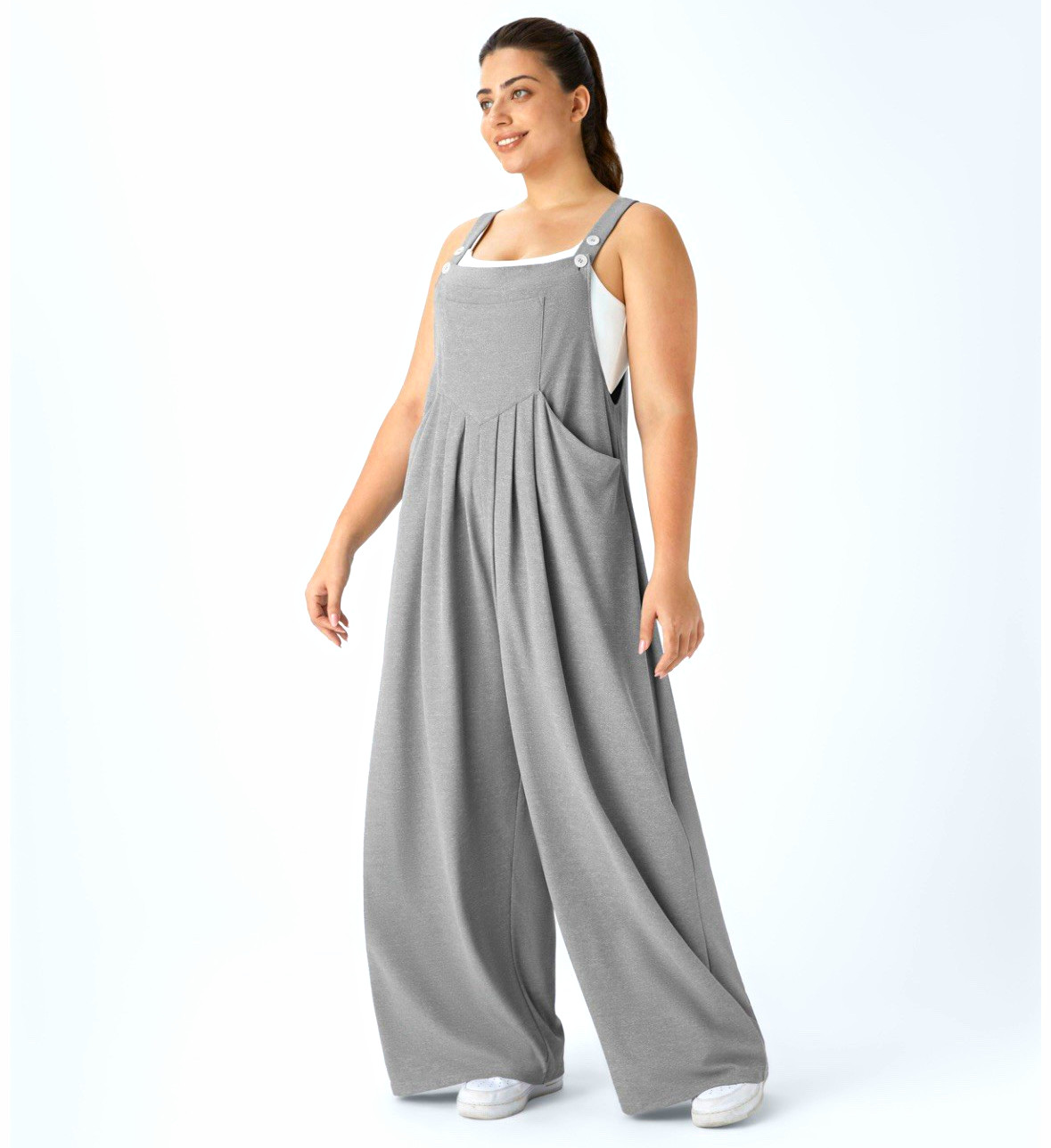 Women’s grey wide-leg casual bib overalls with adjustable straps and front pleat