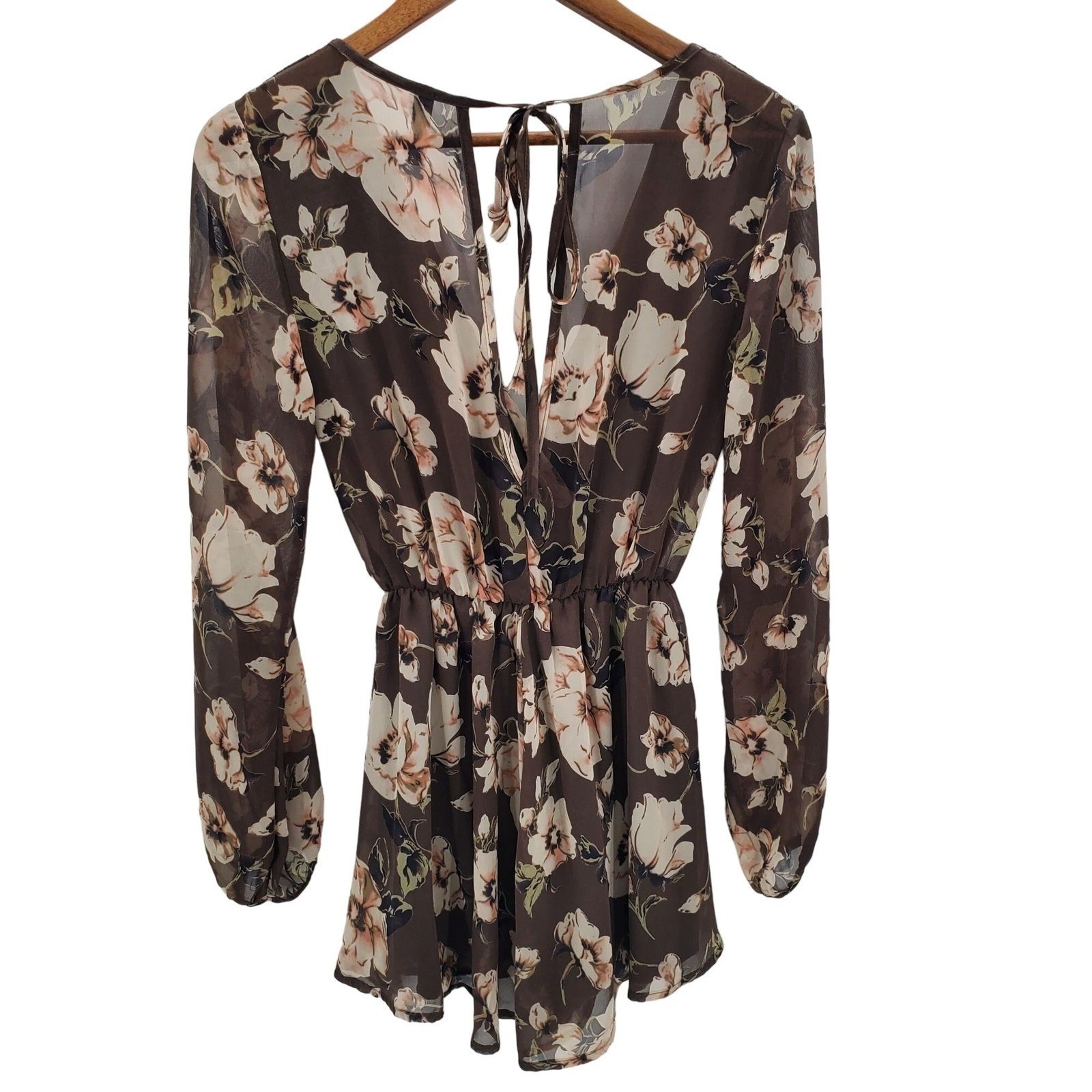 Final Touch Romper Floral Chiffon Sheer Long Sleeve Surplice Brown Womens S