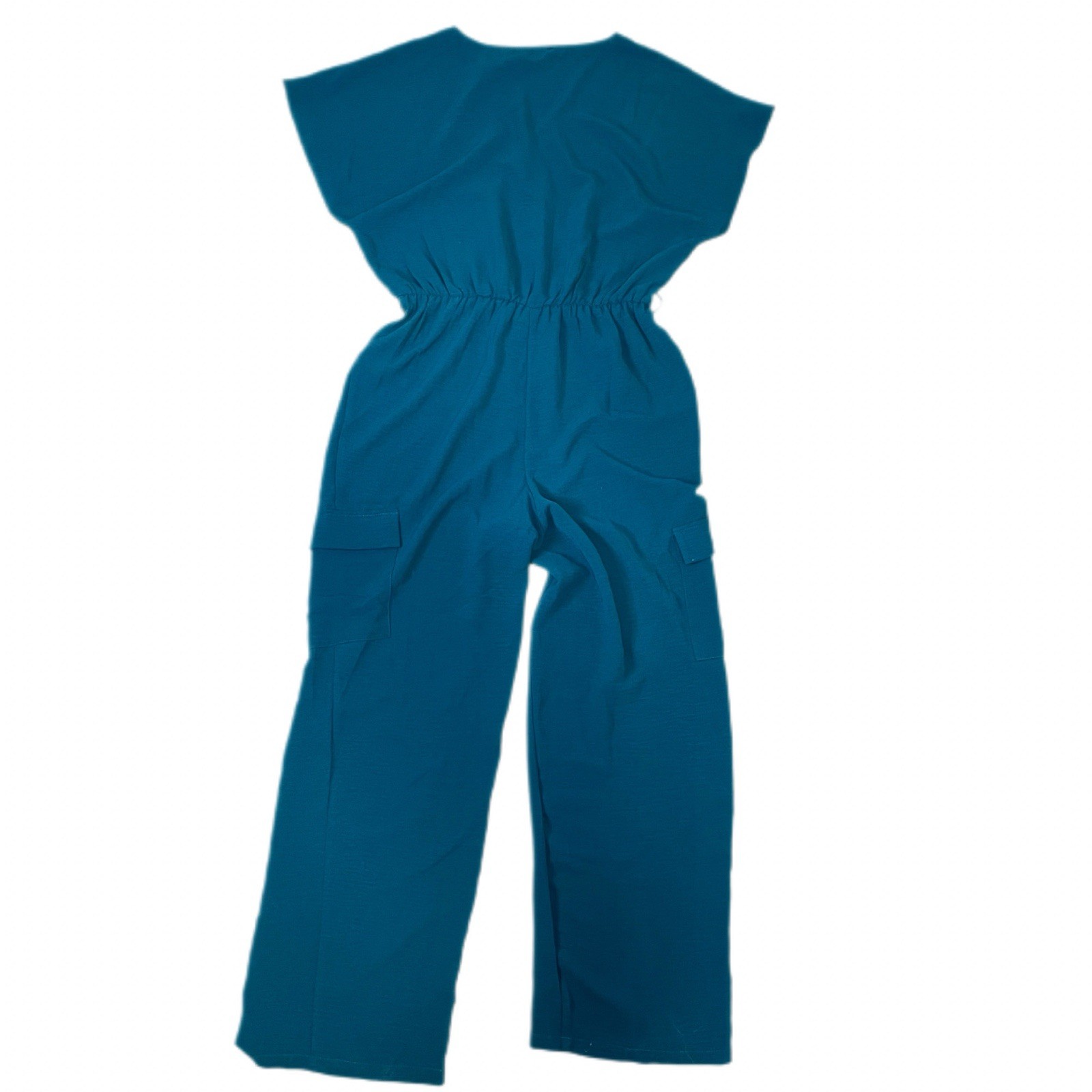 Fred David Women’s M Teal Crinkle Wrap Wide Leg Cargo Jumpsuit V-Neck Belted