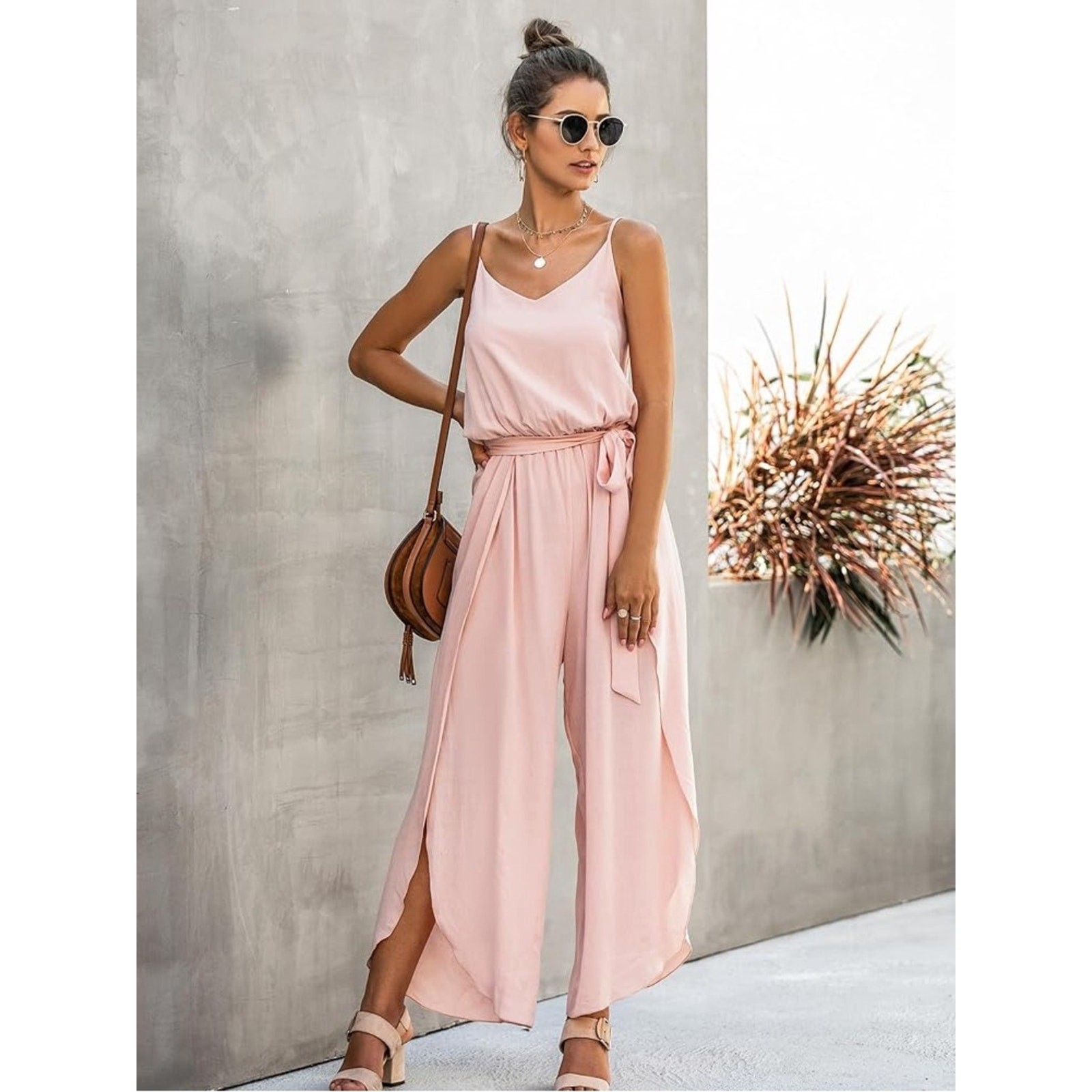 Blush Pink Sleeveless Wide-Leg Jumpsuit with Self-Tie Waist
