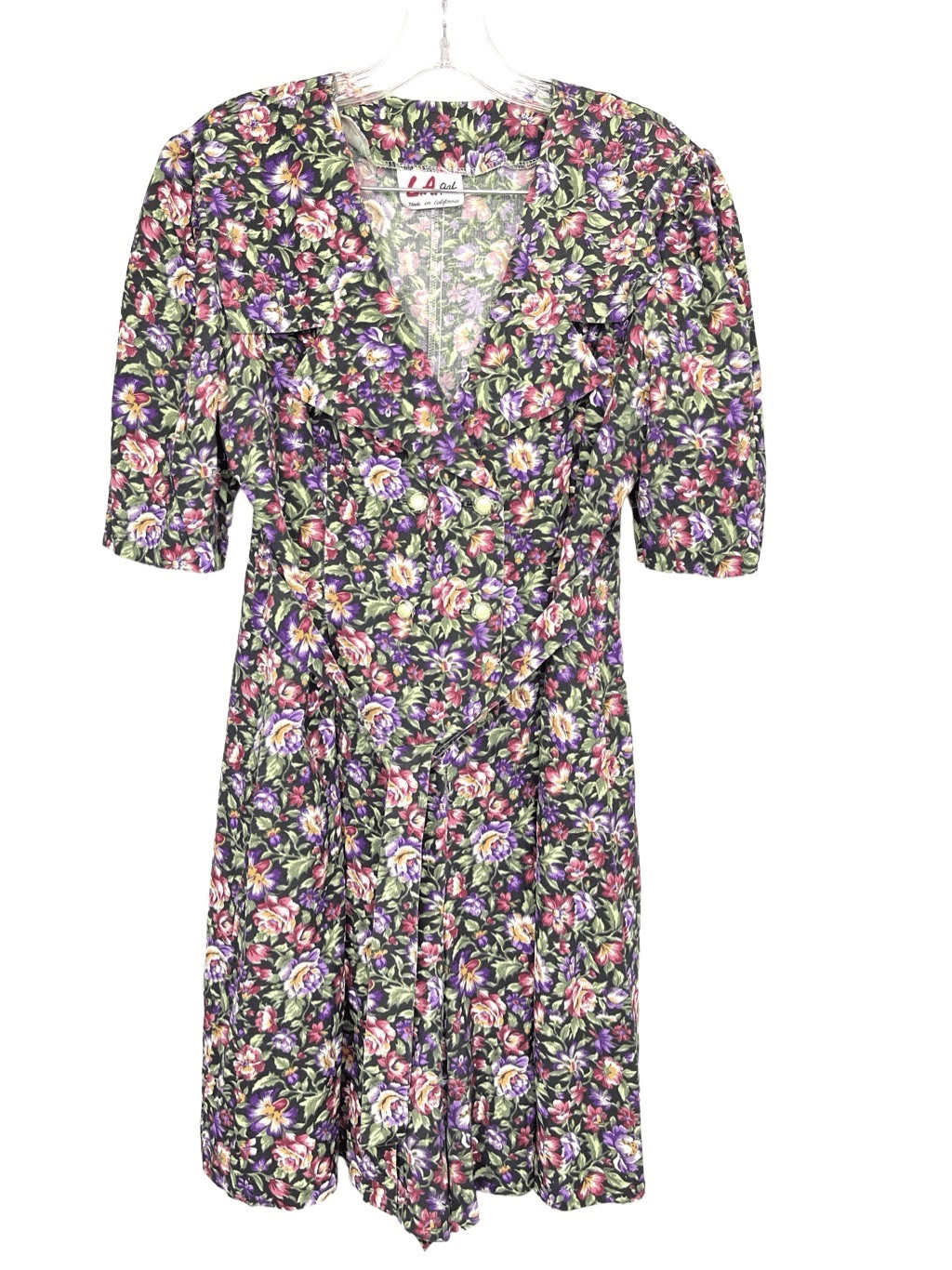 Vintage LA GAL Multicolor Floral Romper Small Pearl Button V-Neck Belted Cottage