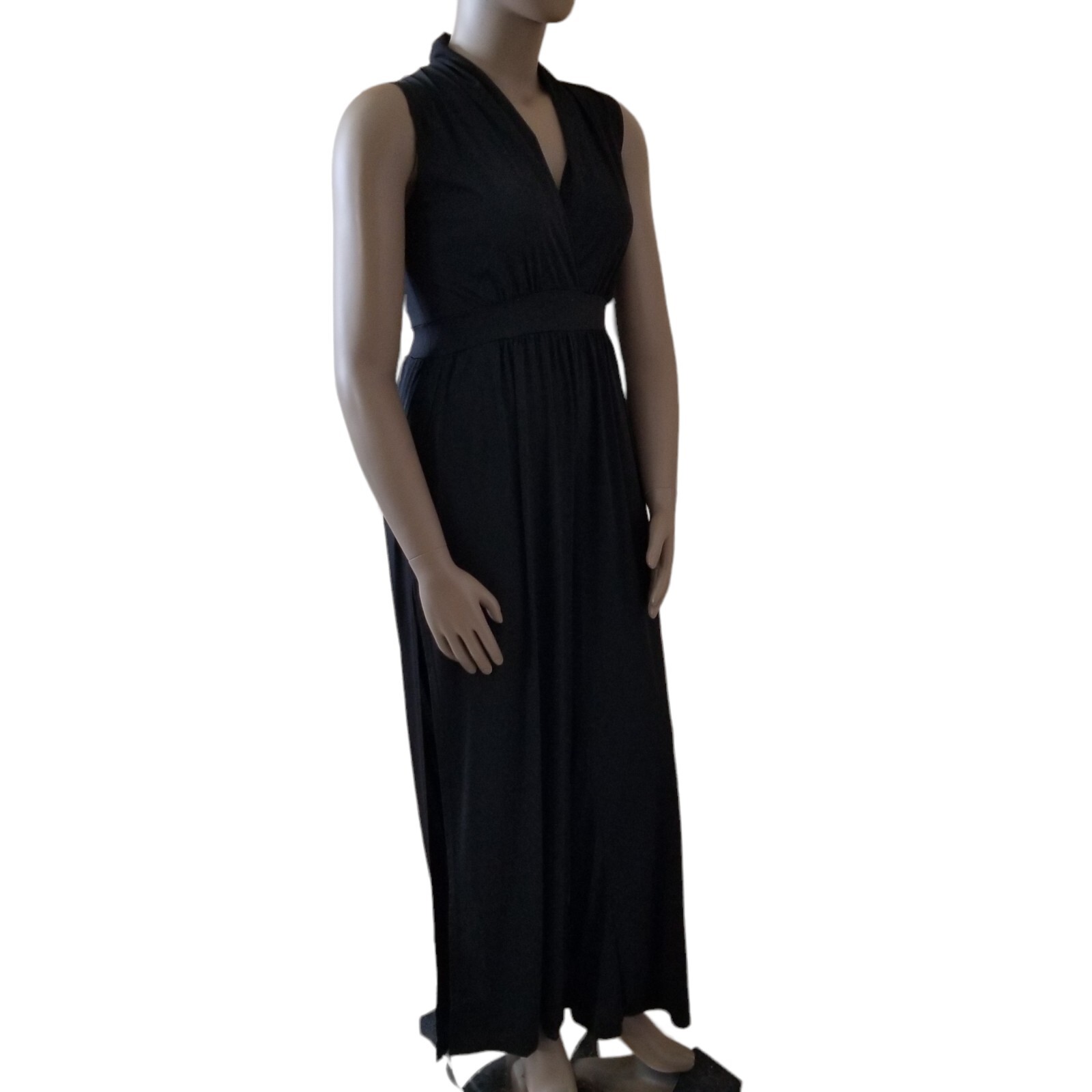 FASHION LOVE Plunge V-Neck Sleeveless Full Side Slit Palazzo Jumpsuit 1X Black
