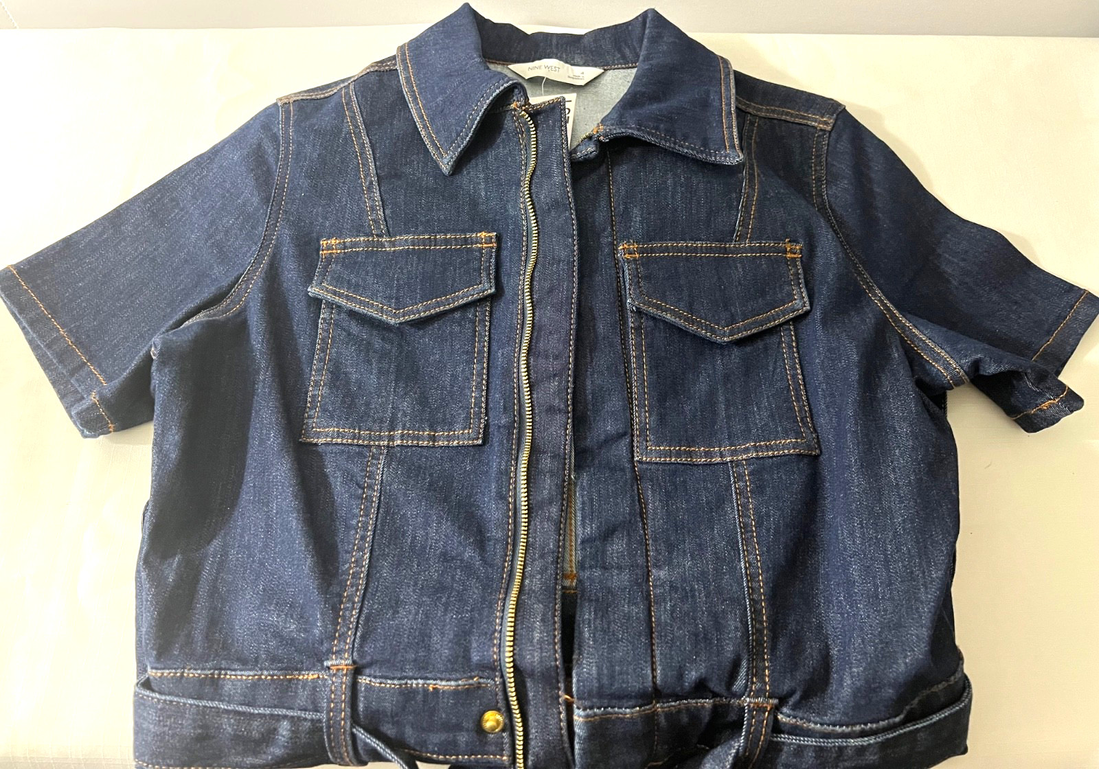 Nine West Romper Short Denim Jean Sz 4 Collared Dark Rinse 6-Pocket Full Zipper