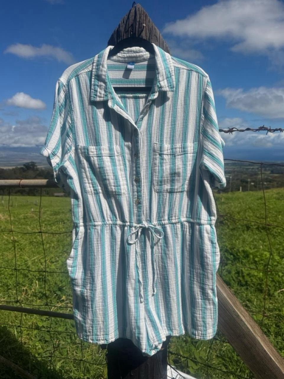Gauze beach coastal striped green white romper Old Navy xl