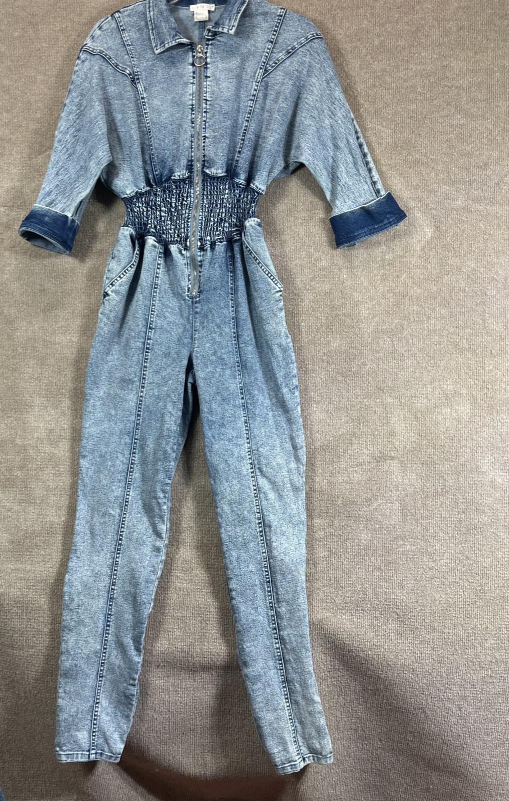 Vintage Venus Denim Jumpsuit Womens 4 Acid Wash Zip Front Smocked Waist Romper
