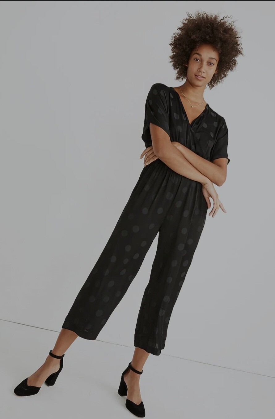 Madewell Polka Dot Jacquard Black Short Sleeve Jumpsuit, Medium