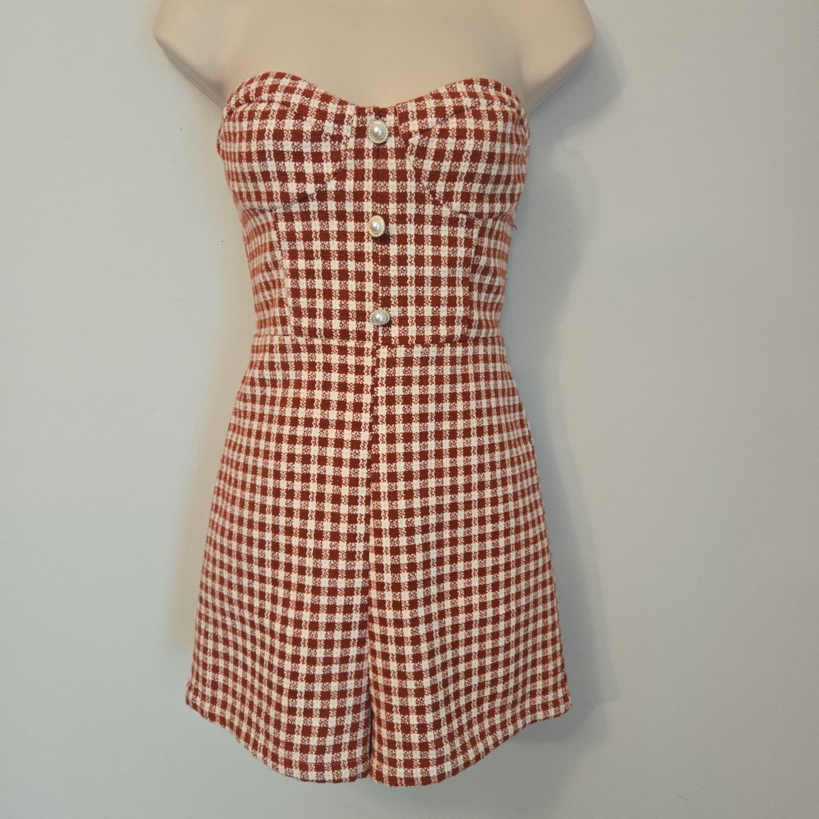 NWT Cider Red Gingham Strapless Tweed Romper S Playsuit Retro 50s Coquette Vtg