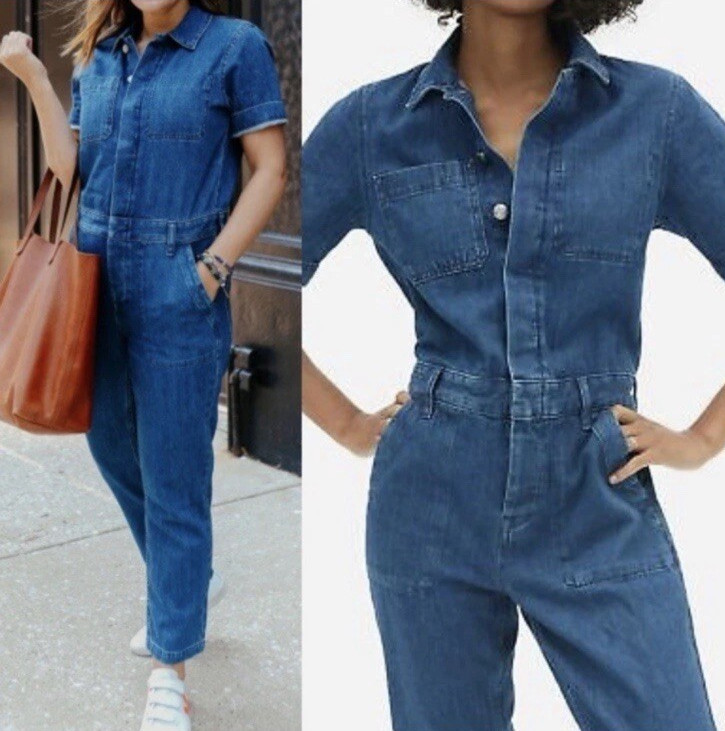 Everlane Denim Jumpsuit Sz 12 100% Organic Cotton Coverall Short Sleeve Pockets