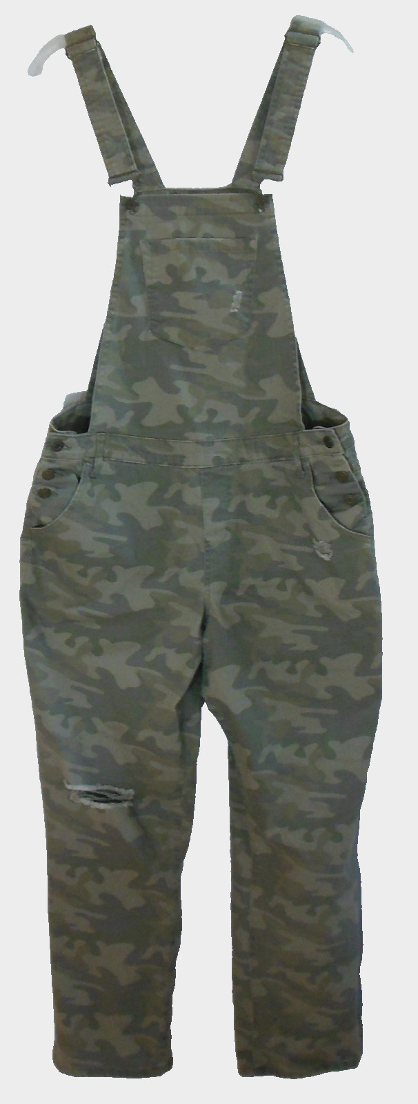 Vanilla Star Denim Bib Overalls 15 Green Camo Distressed Straight Leg Women VGUC