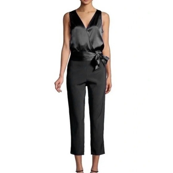Black Silk Satin Wrap Sleeveless Cropped Jumpsuit RN 141698 Size Small