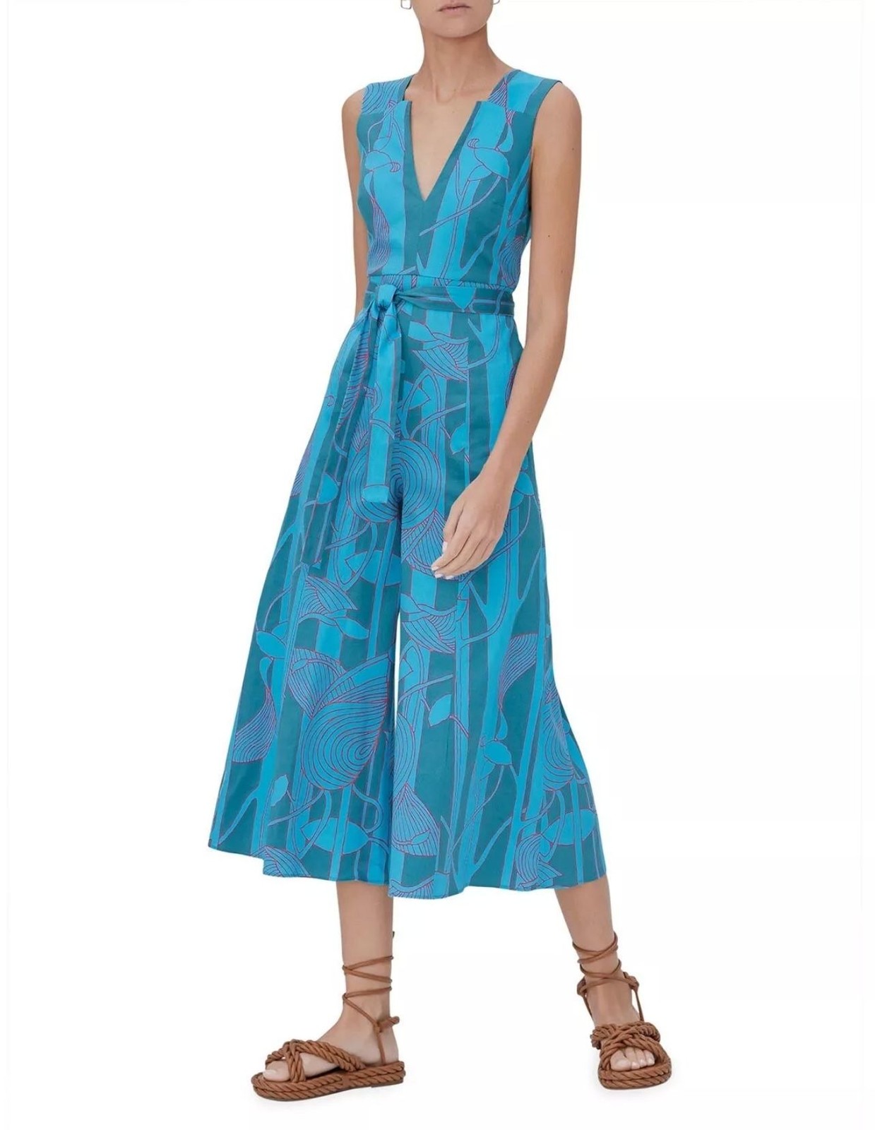 Alexis Cerelia Abstract Floral Jumpsuit Blue Green Wide Leg Cropped Sleeveless S