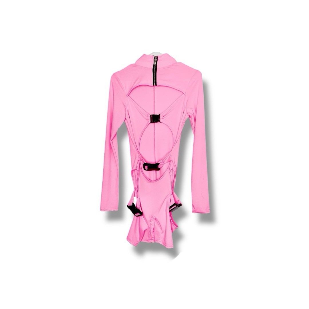 Pink High Neck Long Sleeve Romper Cut-Out Buckle Zip Stretch Party Size L