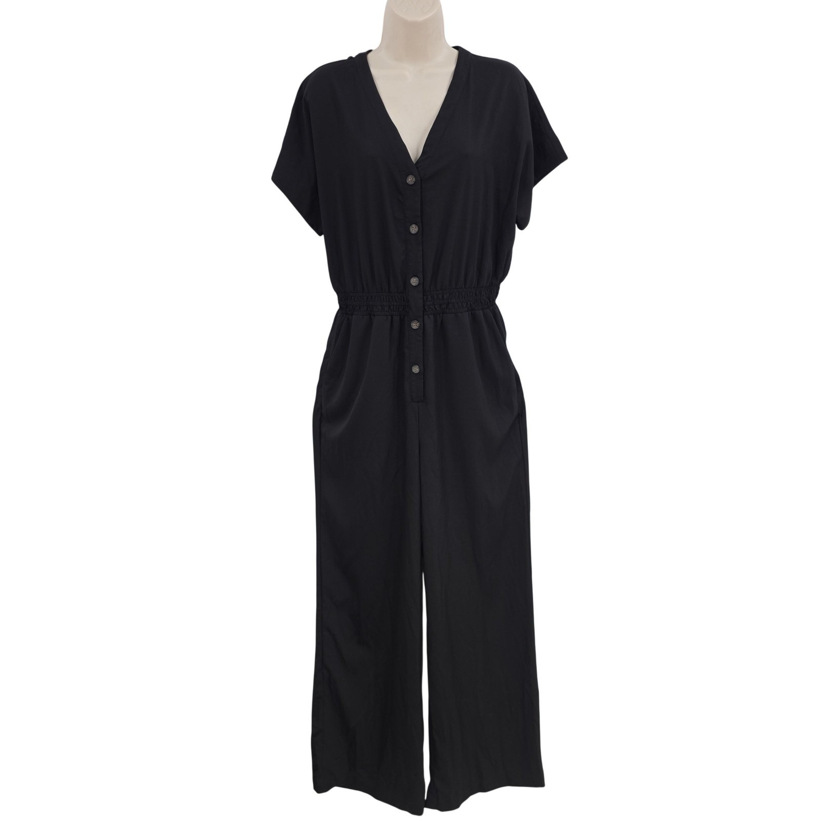 Marine Layer Lia Utility Wide Leg Jumpsuit Women M Black Button Pockets Aviator