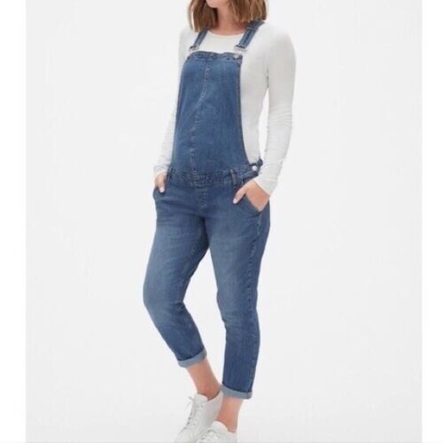 Gap Womens Maternity Denim Overalls Size M Ankle Stretch Adjustable Back Elastic