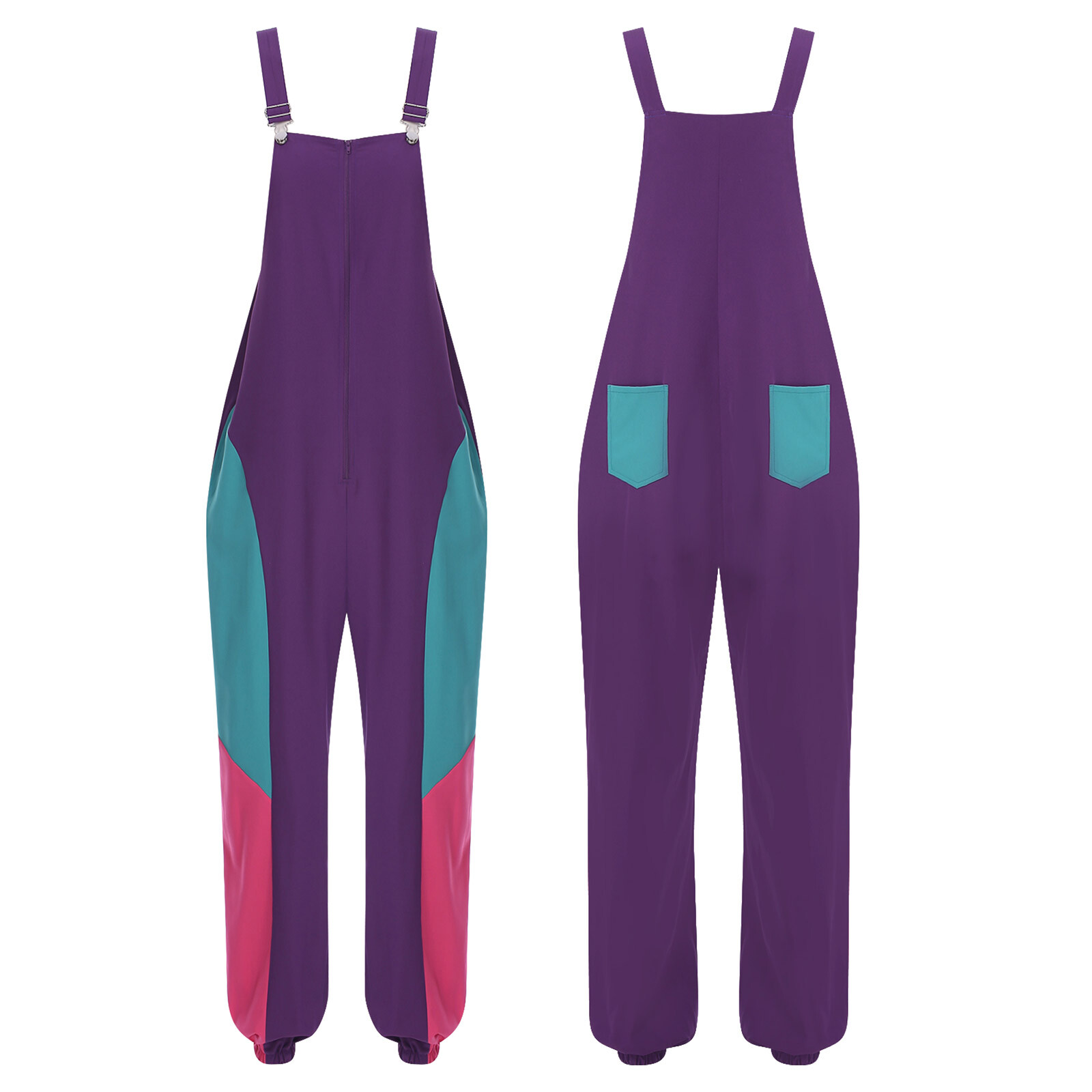 Women Overalls Zipper Front Jumpsuit Disco Bodysuit With Pocket Retro Rompers