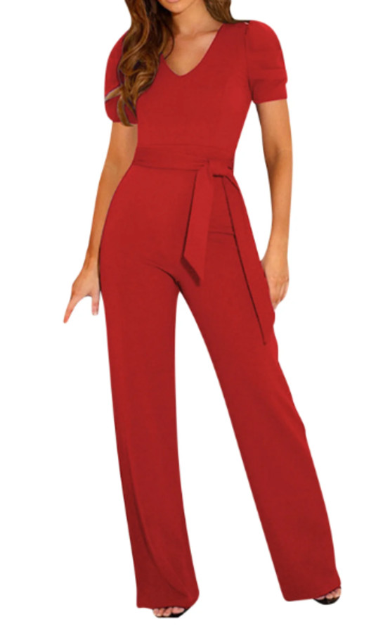 NEW Mrat Women’s Red Short Sleeve Wide Leg Belted Jumpsuit Size 2XL