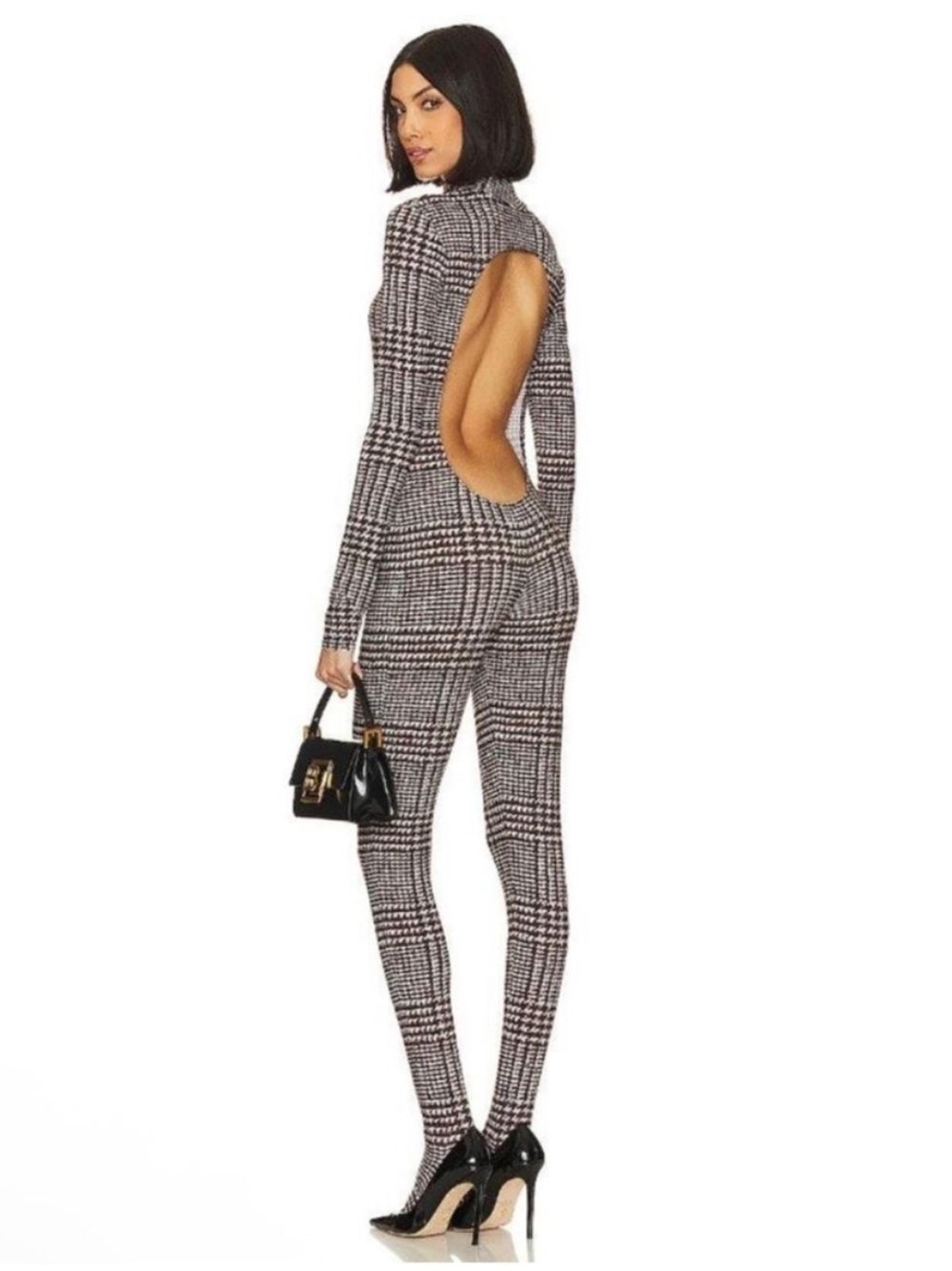 Norma Kamali Chocolate Glenn Plaid Long Sleeve Open Back Catsuit Jumpsuit NEW