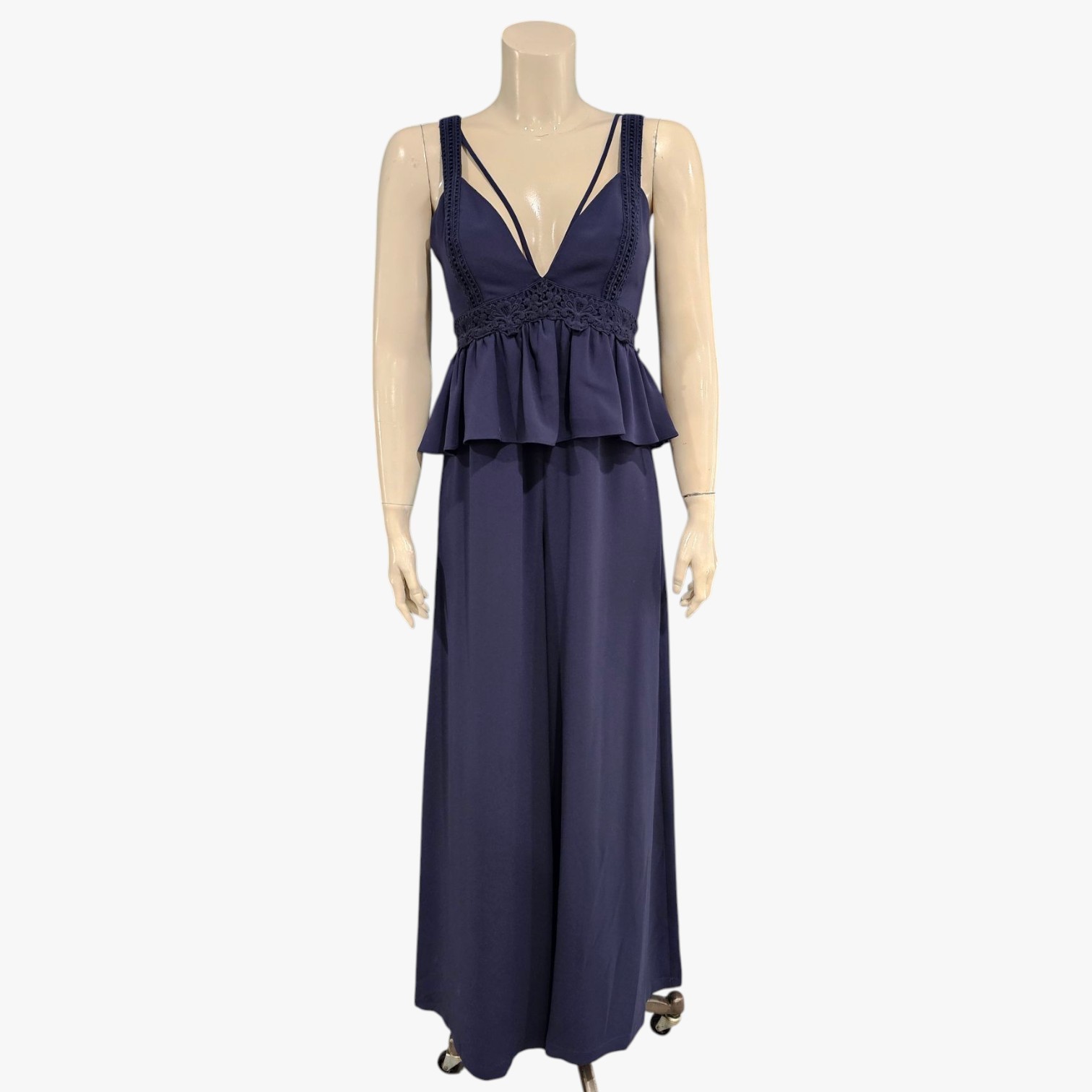 BCBGMAXAZRIA Navy Blue Peplum Wide Leg Jumpsuit XS
