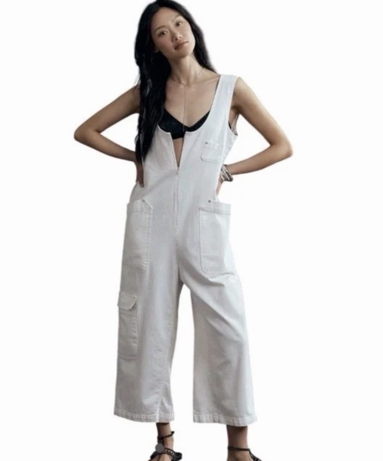 Pilcro Anthropologie Size S White Denim Cargo Jumpsuit Wide Leg Sleeveless