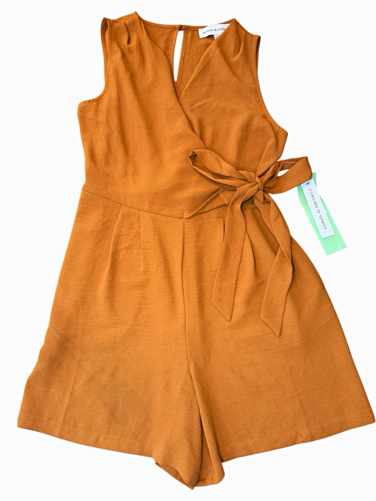 Emma & Michele Brown V-Neck Sleeveless Tie Waist Romper Petites Size PS