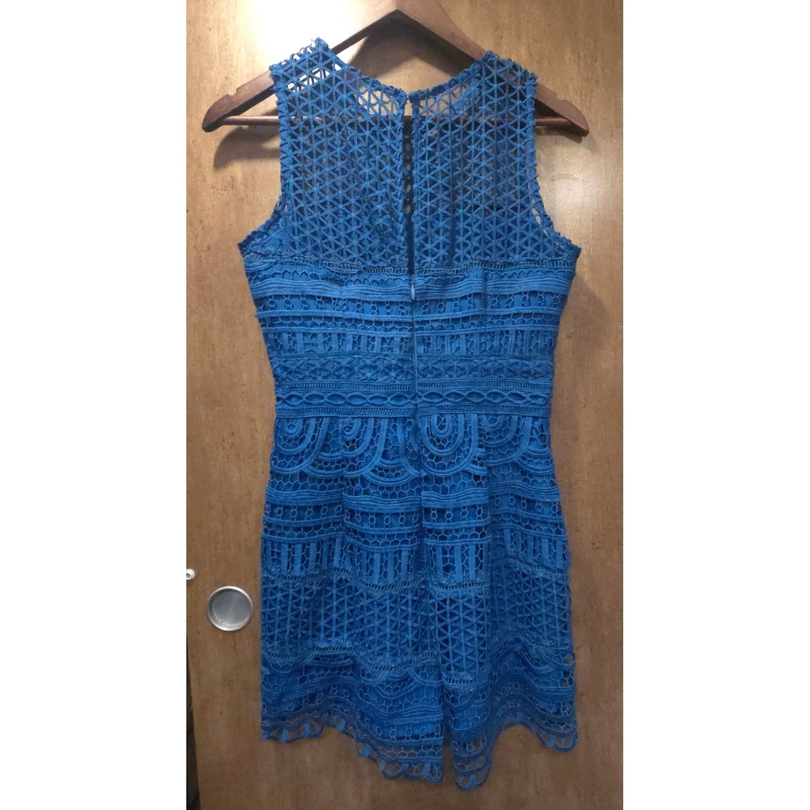 Adelyn Rae Blue Lace Sleeveless Romper High Neck Geometric Crochet S
