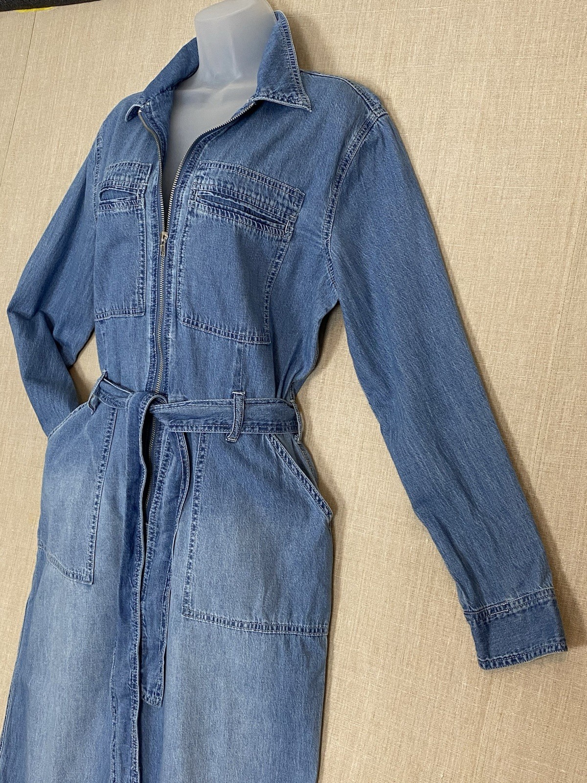 Denim Jumpsuit Sz 10 Indigo Blue Long Sleeve Lightweight Utility Boiler Suit