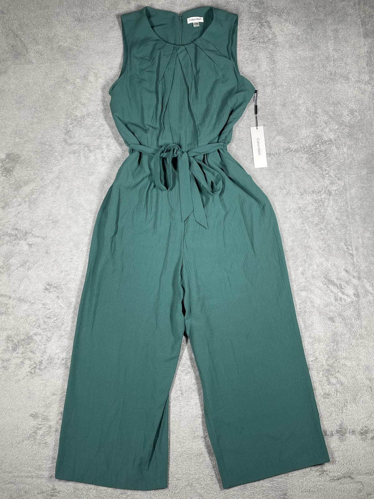 Calvin Klein Jumpsuit Womens 12 Green Crepe Sleeveless Belt Pleated Zip