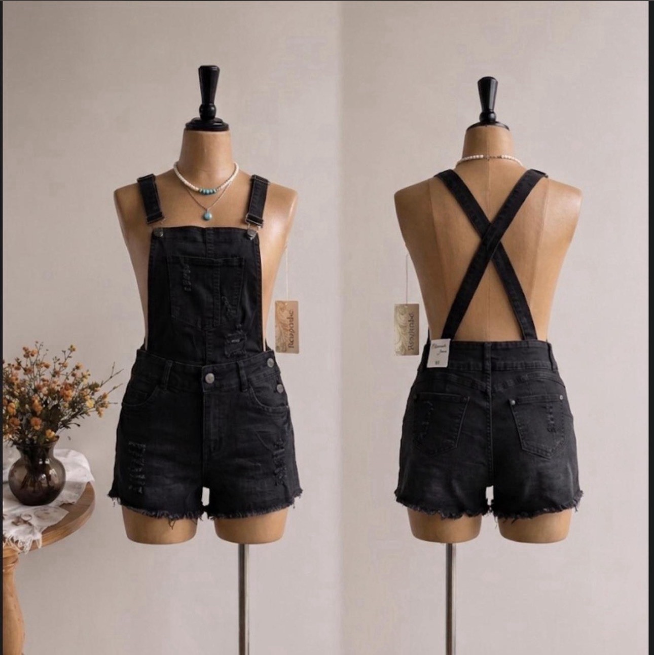 Black denim like overalls with adjustable straps and distressed details #grunge.
