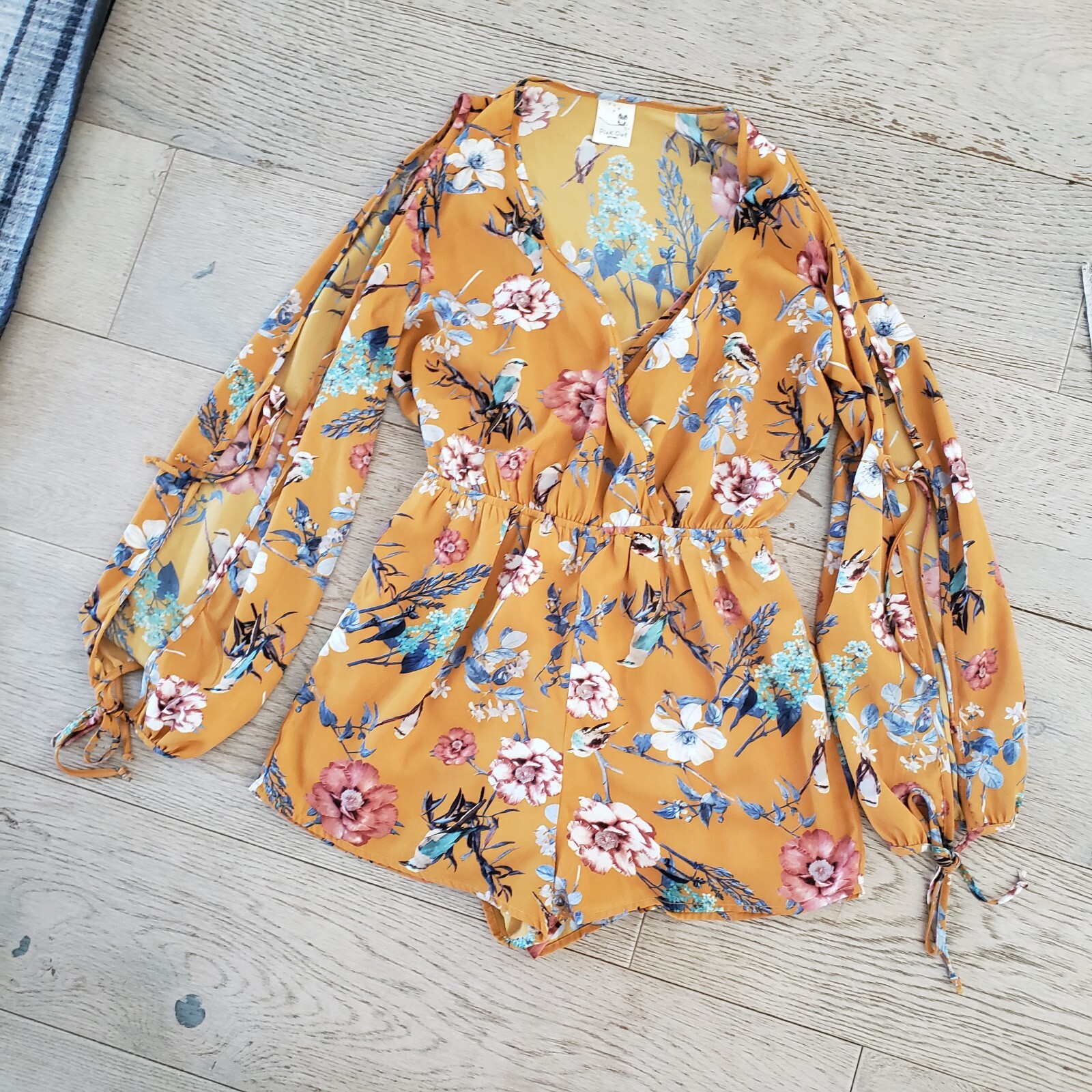 Pink Owl One Piece Romper Orange Floral Boho Open Peasant Sleeves MED