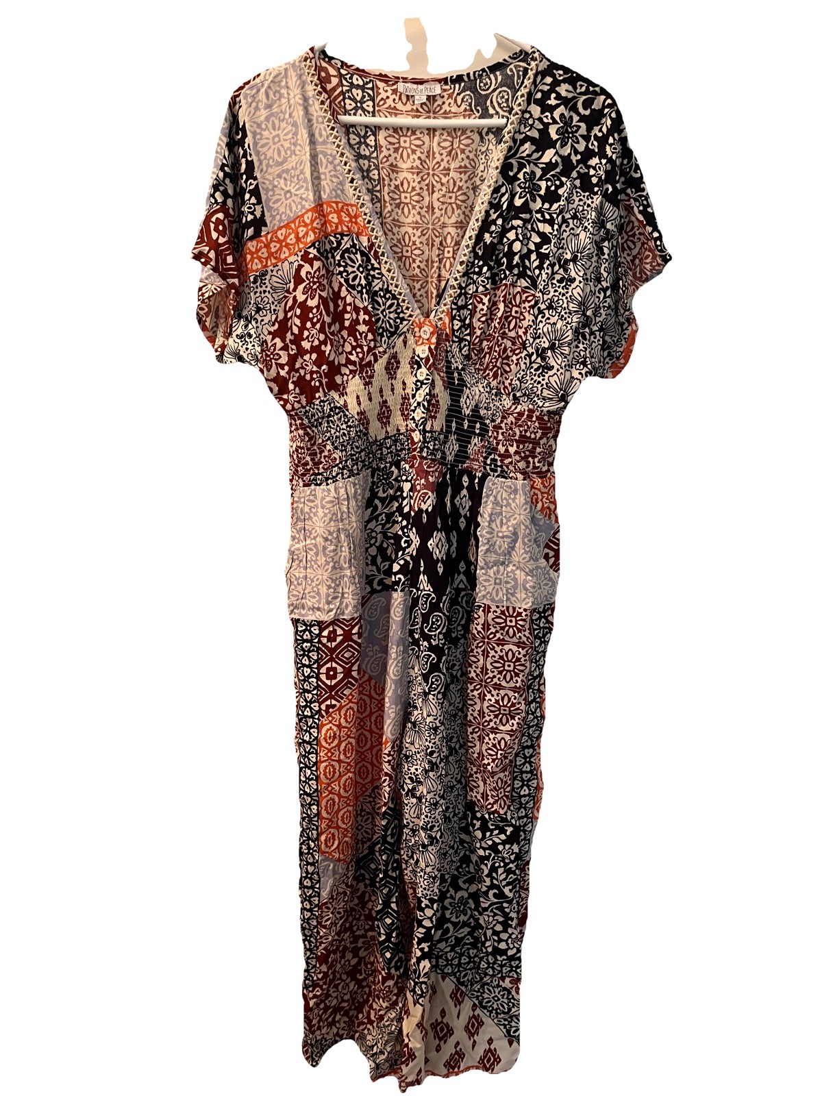 Patrons of Peace Jumpsuit Romper Sz L Smocked Paisley Floral Wide Leg Boho Gypsy