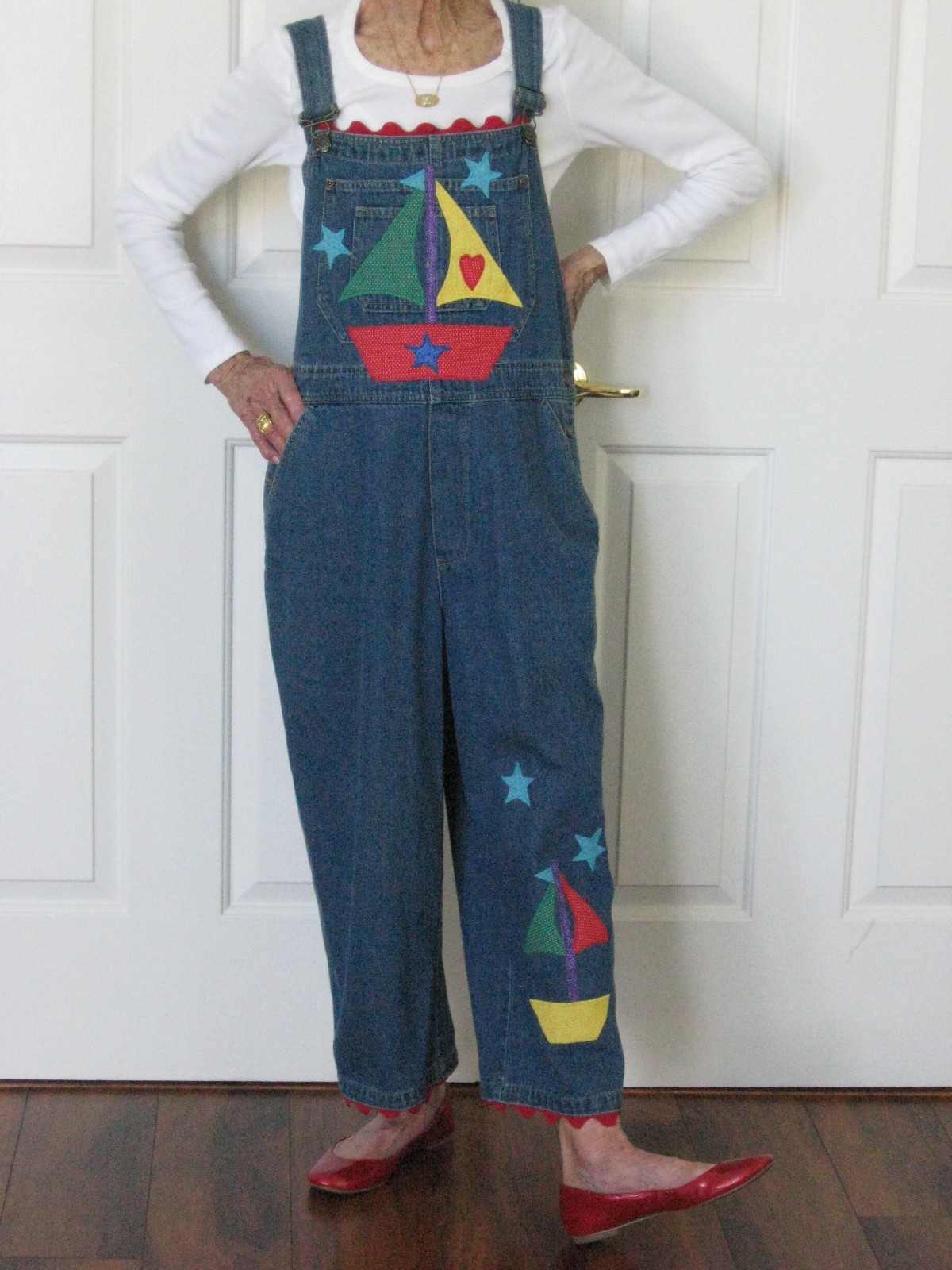 Vintage Y2K Haik’s Custom Decorated Overalls Sailboats Stars Hearts Size Large