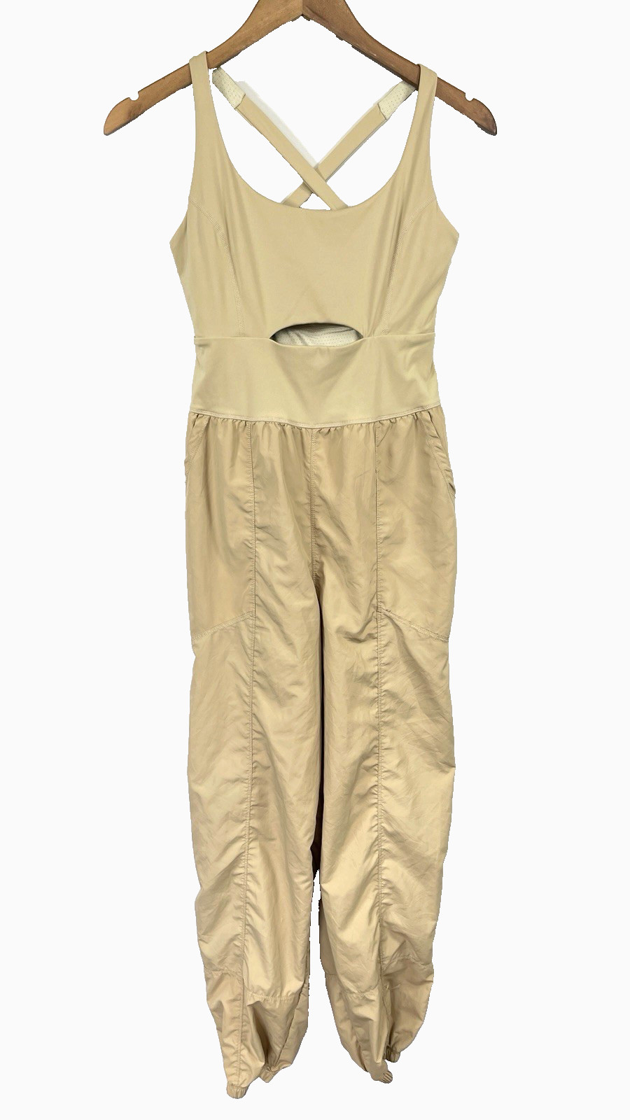 Womens Activewear Cutout Joggers Jumpsuit Size S Beige Pockets Athletic Gym Run
