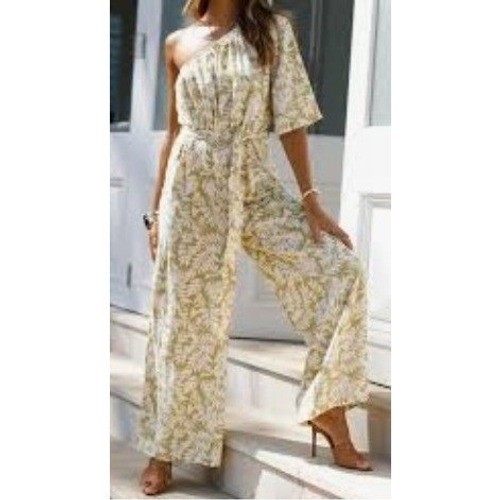 J205. One-Shoulder Tropical Floral Print Wide-Leg Jumpsuit with Waist Tie Belt