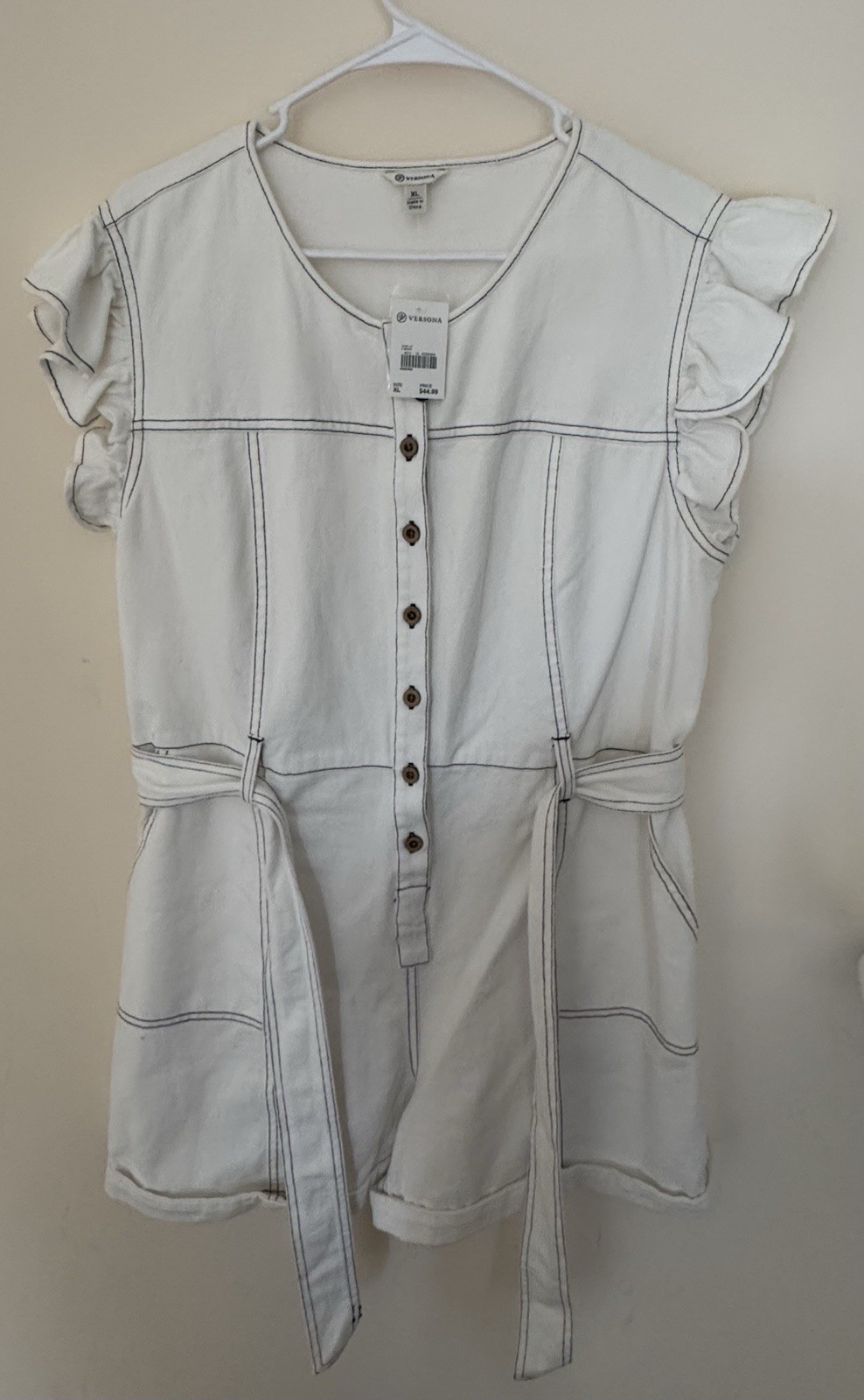 Versona White Cotton Button Front Belted Ruffle Pocket Romper Women’s XL