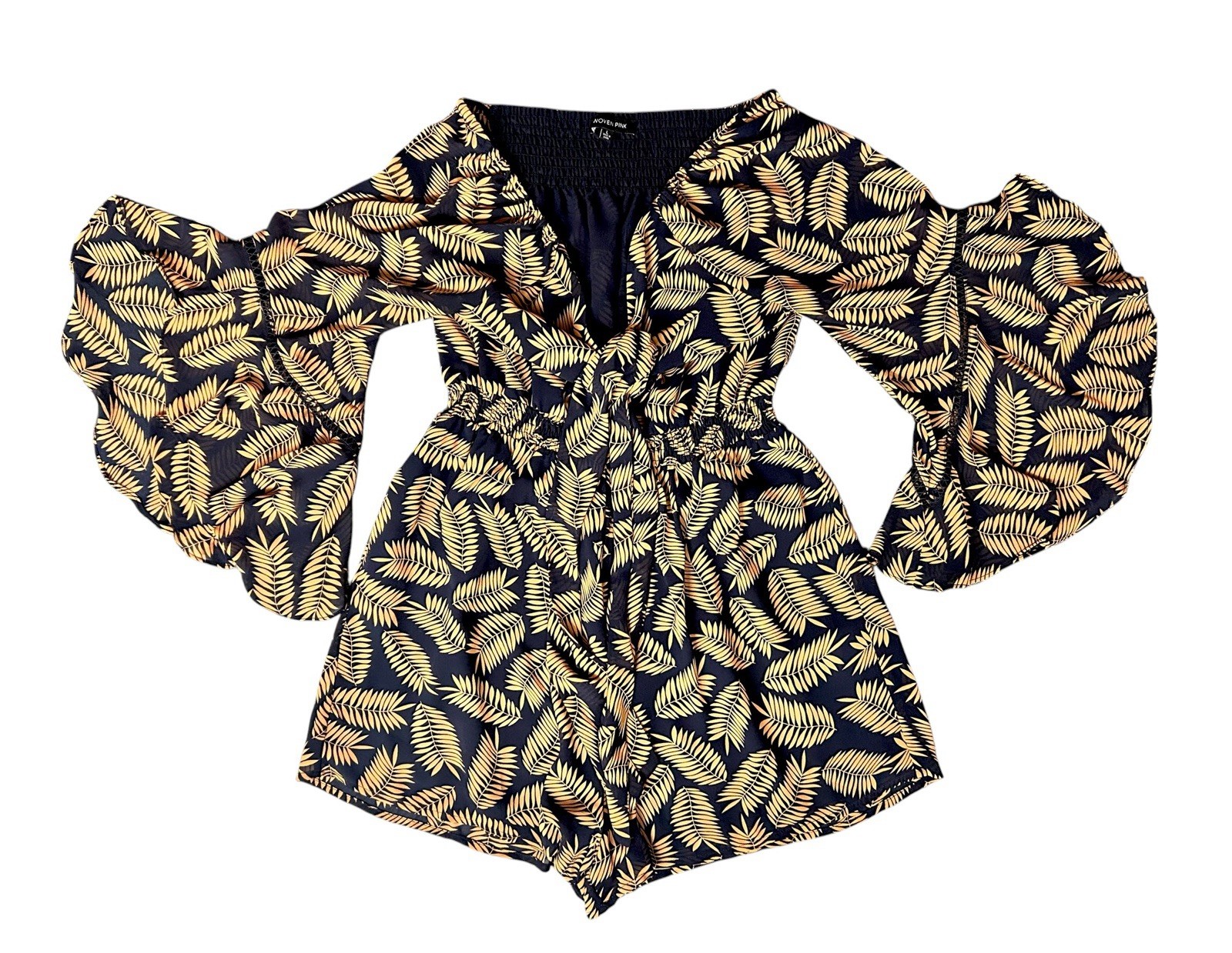 Woven Pink Navy Gold Flared Sleeve Peekaboo Boho Romper Size Large