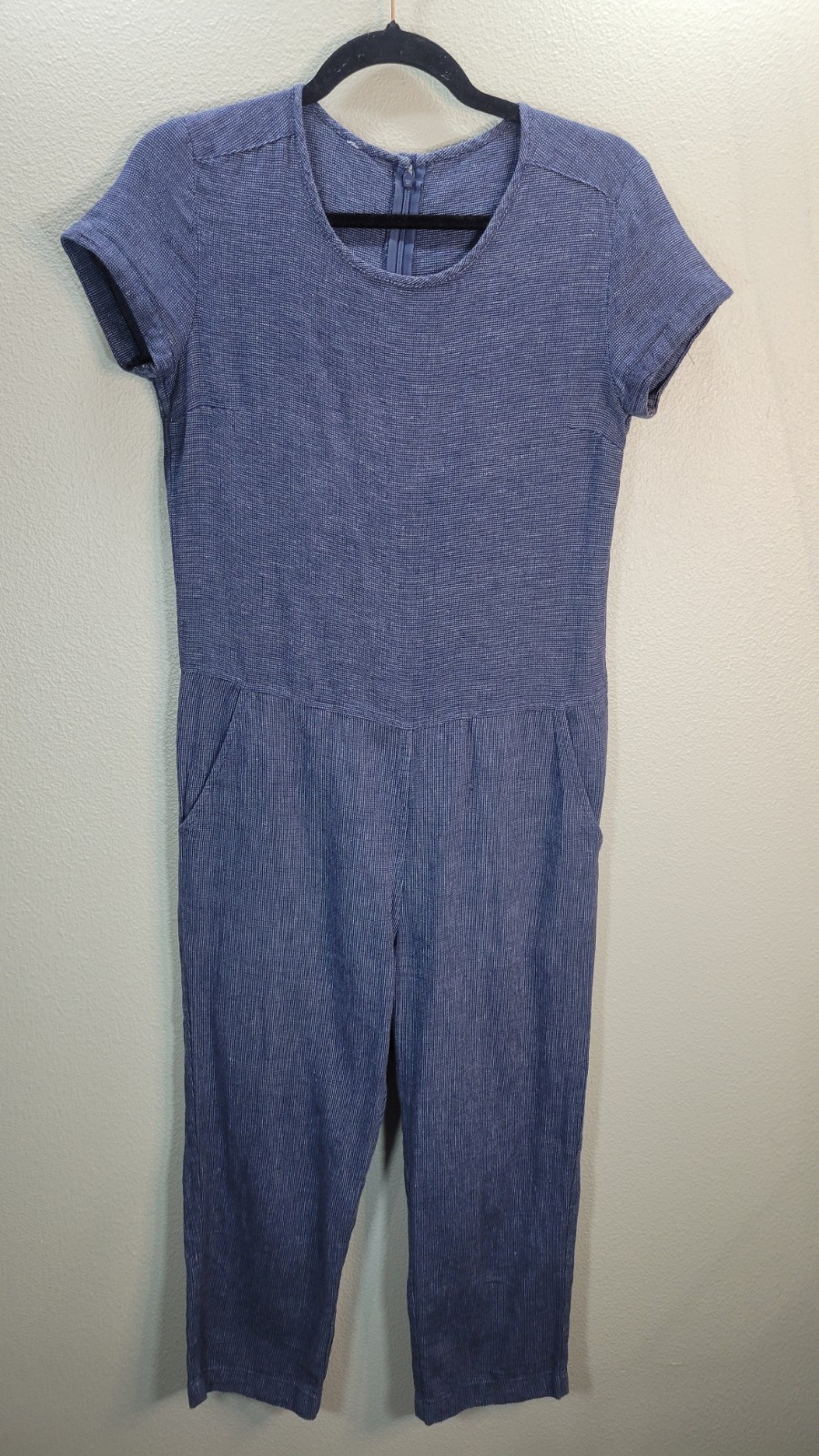 Bridge & Burn Linen Blend Jumpsuit Blue Short Sleeve Cropped Portland Brand