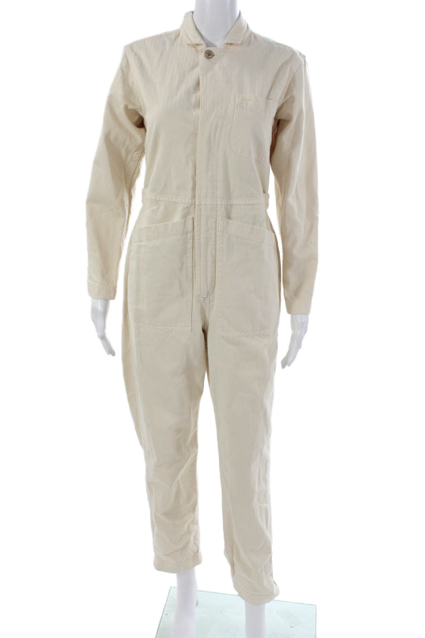 Alex Mill Womens Collared Long Sleeve Cotton Jumpsuit Beige Zip Size XS