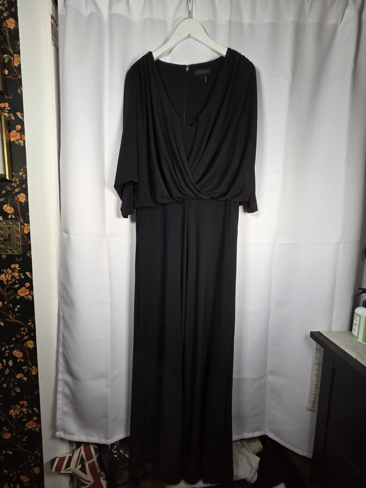 Donna Karan Black Stretch Jersey Wide Leg Jumpsuit Women’s 10 Draped 3/4 Sleeve