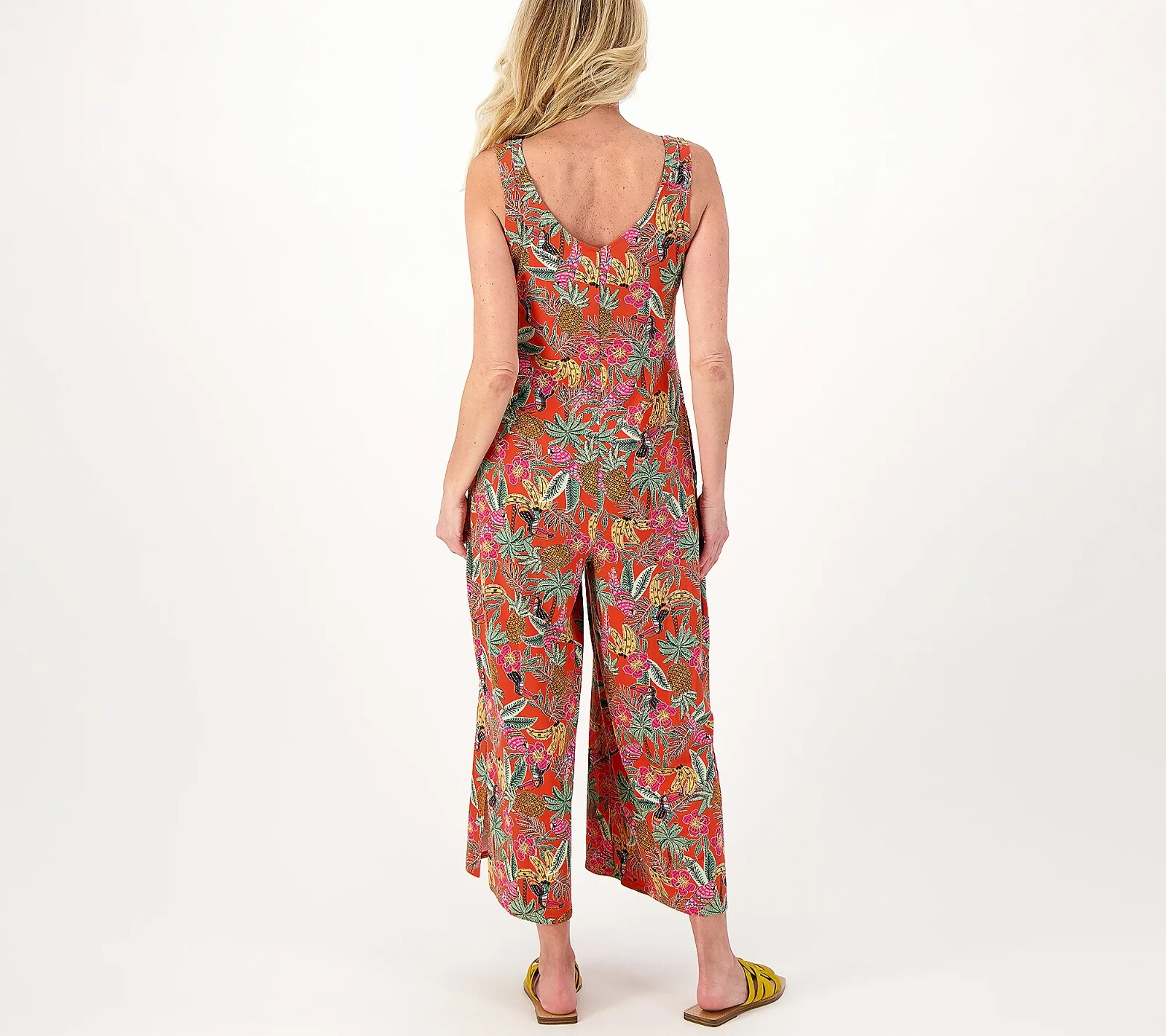 Cuddl Duds Tall Wide Leg Flexwear V-Neck Jumpsuit-Navy Tropical-Tall XS-A587649