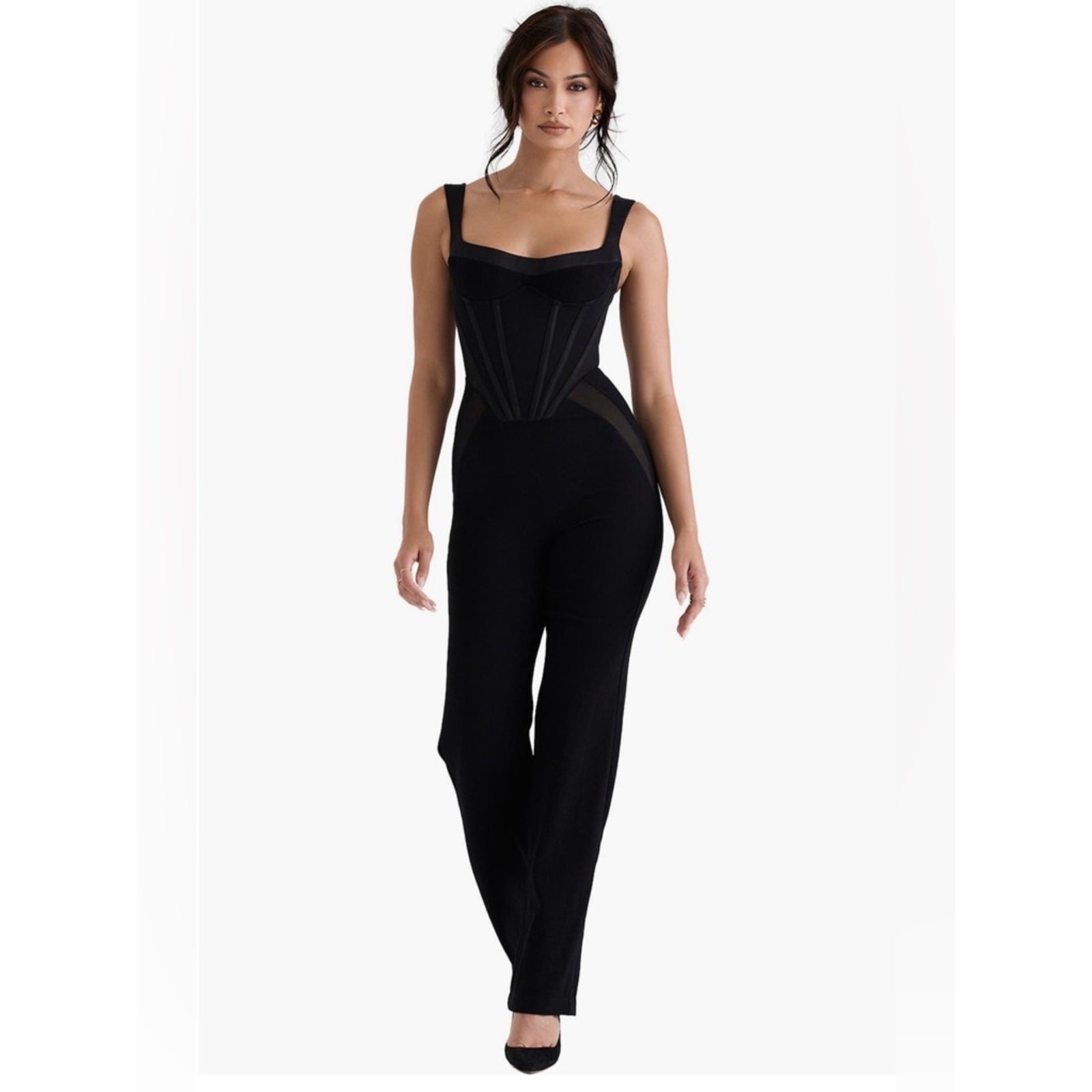 House of CB Black Corset Mesh Panel Jumpsuit Wide Strap Straight Leg Glam NWT!!