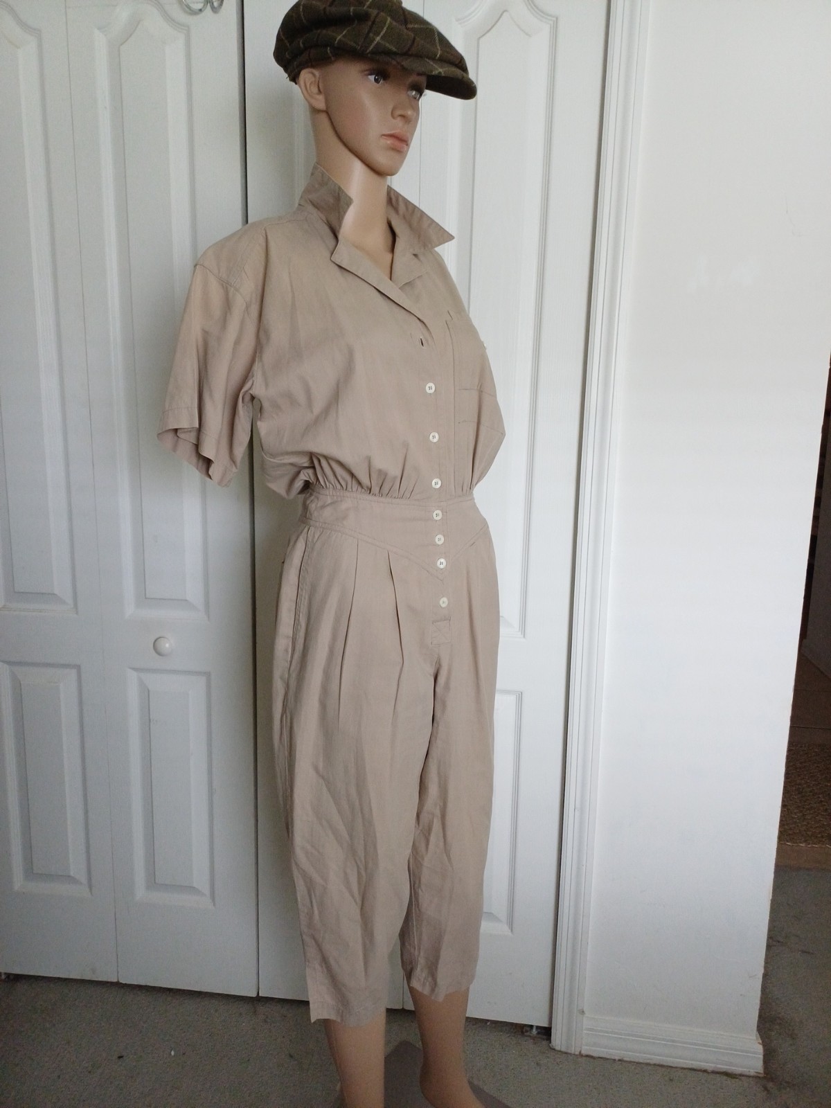 LIZ WEAR Vintage 80s Utility Short Sleeve Jumpsuit Safari 4 Petite
