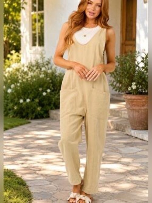 Zenana adjustable Pockets Jumpsuit summer Large NWT denim tan