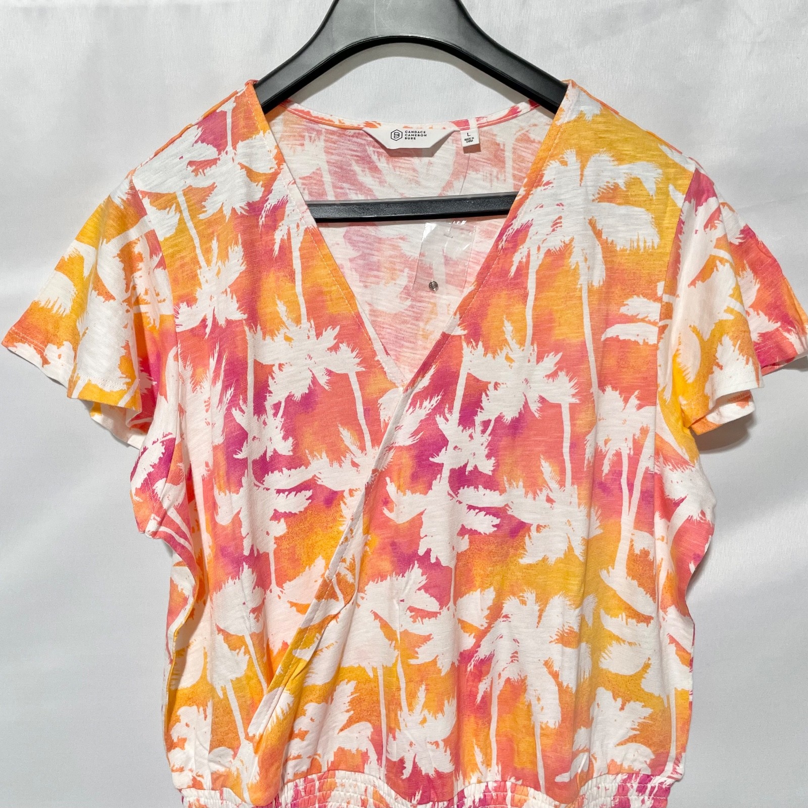 New Sunkissed Palm Tree Print Flutter Sleeve V-Neck Jumpsuit Orange Pink Large