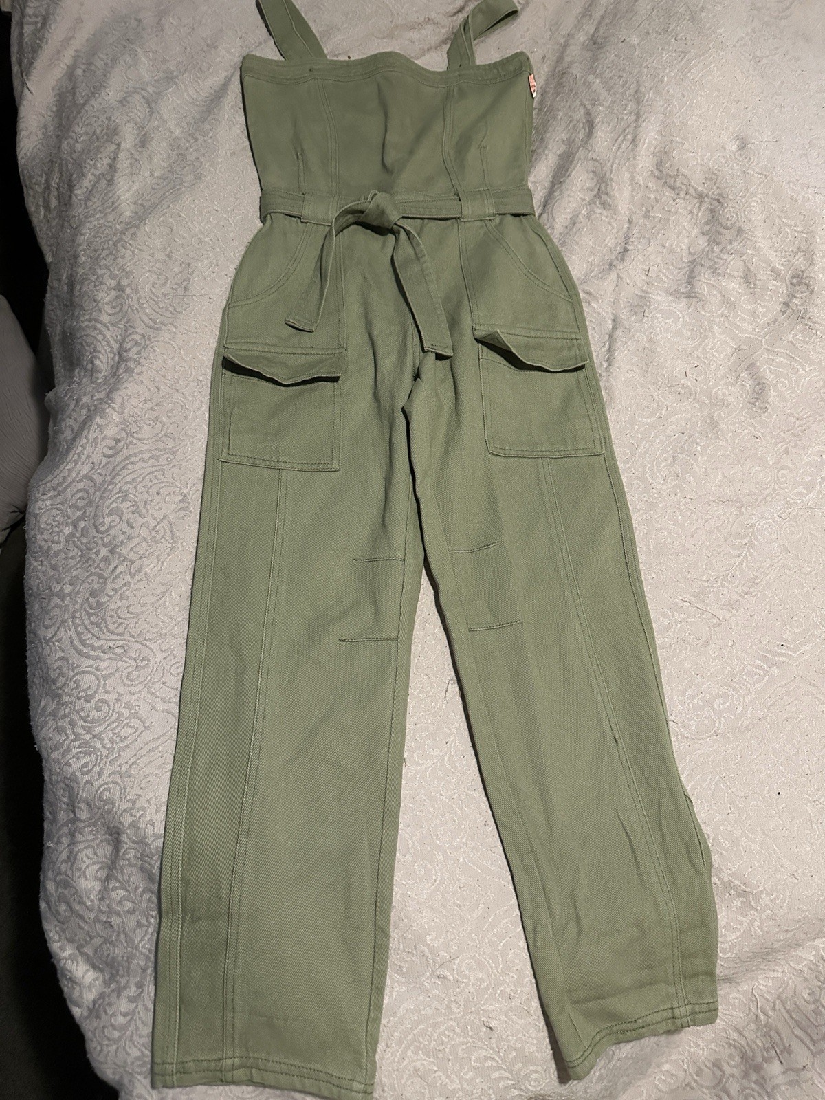 Chelsea & Violet Women’s Green Solid Twill Cotton Square Neck Pocket Jumpsuit M