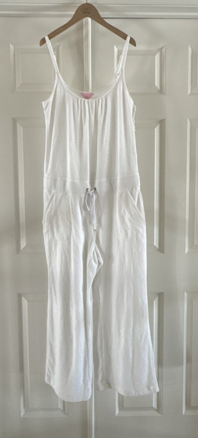 Lilly Pulitzer White Terry Cloth Jumpsuit Women’s Large Wide Leg Romper Pockets