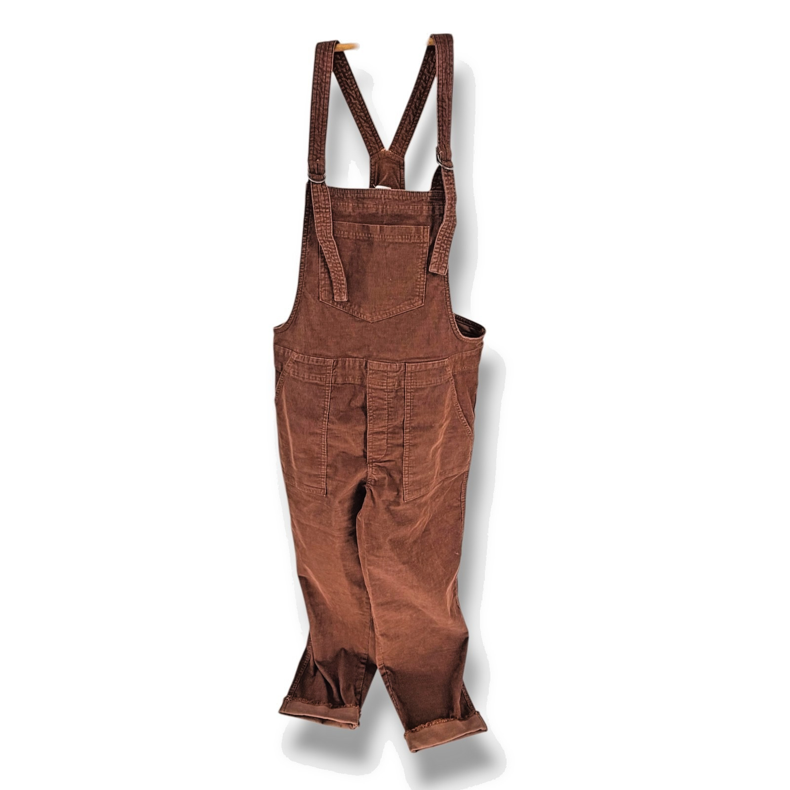 Aerie Corduroy Overalls W Medium Brown Adjustable Strap Raw Hem Tapered Leg Boho