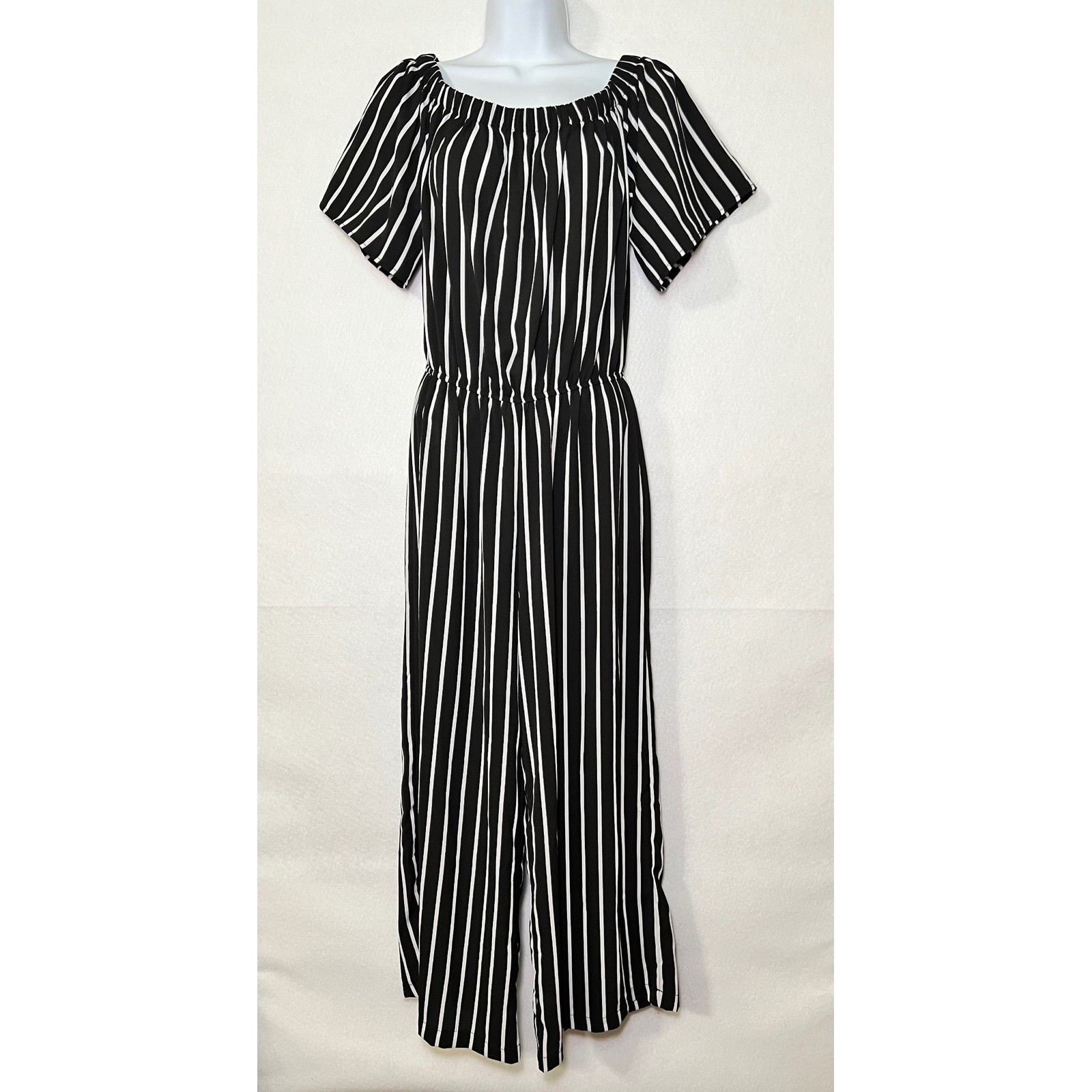 Ambiance Black White Striped Coastal Chic Retro Pop Art Off Shoulder Jumpsuit M